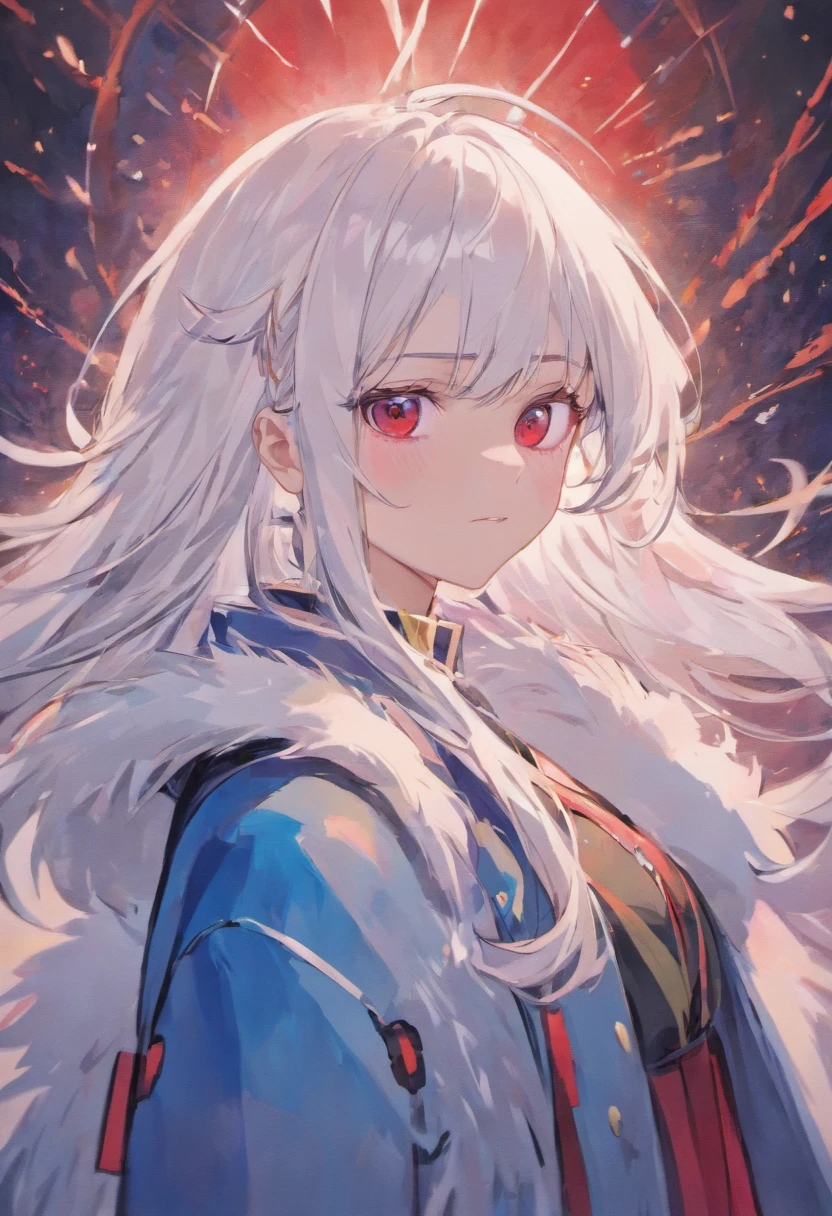 Woman, white hair, red eyes, blue , blue white fur coat, emotionless face.