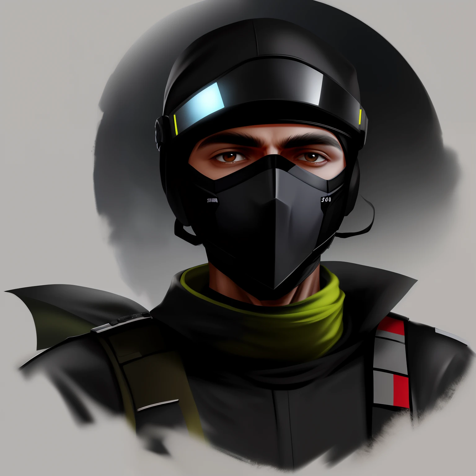 Soldado futurista com um uniforme preto, com capacete preto, with a mask that hides the face, com visor vermelho, distopia, sombrio