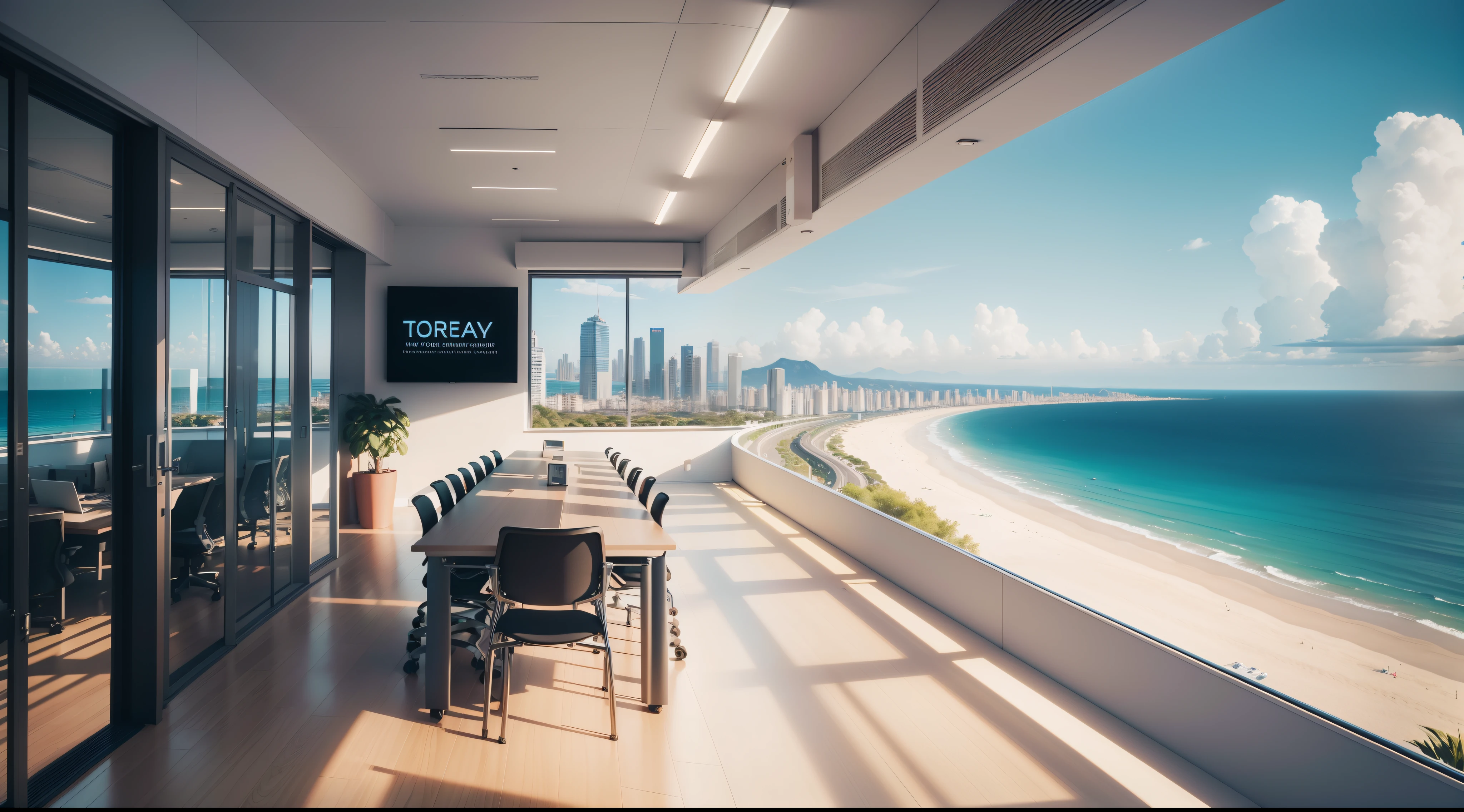 a vivid, detailed day trading office located on the twentieth floor of a skyscraper in Benidorm, overlooking the sea. ((just one desk)), sleek modernity of the office design, breathtaking view of the sea and Benidorm skyline. award-winning photography of an indoor-outdoor trading floor, modern design, architectural photography, photorealism, 8k, uhd, maximum detail, sony alpha 7R