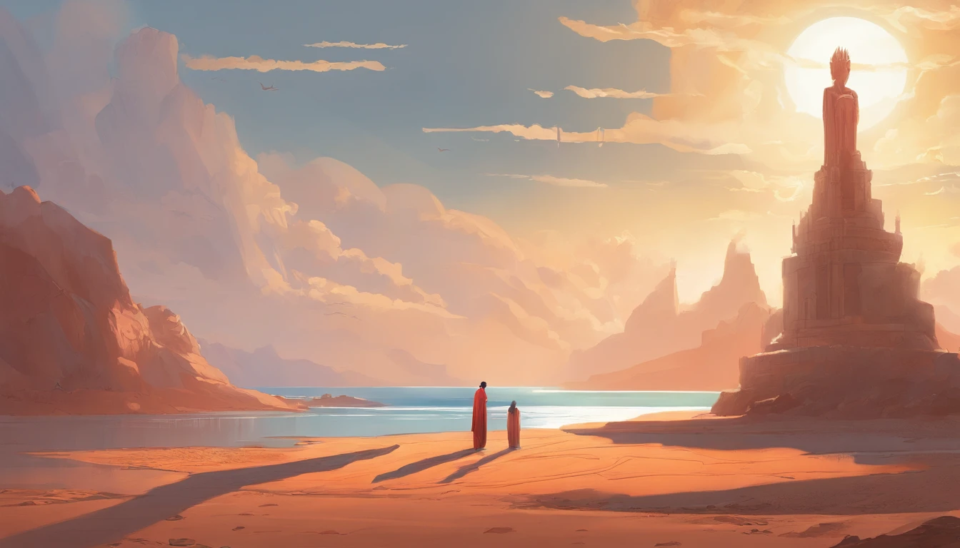 Stuart Lippincott style,God Online,in awe,Light,The Divine World,Floating huge futuristic statue,Skysky,Awe-inspiring and peaceful,Detailed composition,Subtle geometric elements,refuge,Fresh and soft atmosphere,amber hues,Tiny human figures surround huge statues,Fluid,Powerful and small coexist,Yuri Shwedoff style,Philip McKay style,Works of masters,超詳細,HighestQuali,8k