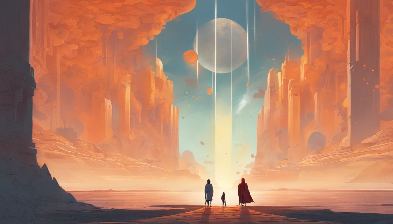 Stuart Lippincott style，God Online，in awe，Light，The Divine World，Floating huge futuristic statue，Skysky，Awe-inspiring and peaceful，Detailed composition，Subtle geometric elements，refuge，Fresh and soft atmosphere，amber hues，Tiny human figures surround huge statues，Fluid，Powerful and small coexist，Yuri Shwedoff style，Philip McKay style，Works of masters，超詳細，HighestQuali，8k