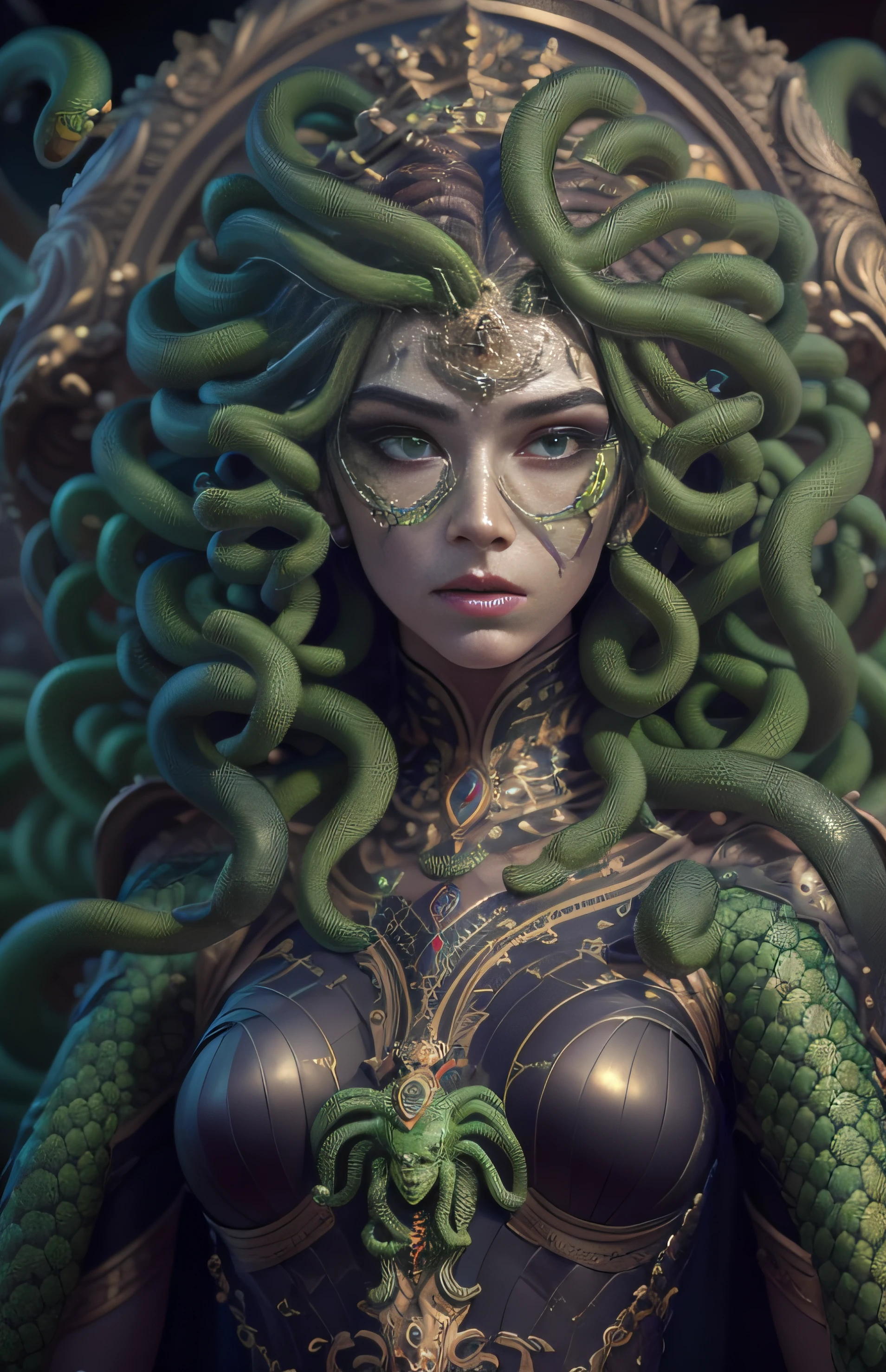 ((best quality)), ((masterpiece)), ((realistic)), Medusa, full body, the hair is composed of countless small snakes, green eyes, female face, metal carved top, royal aura, trend on artstation , sharp focus, studio photo, intricate detail, very detailed, detailed eye, illustration, very detailed, sharp focus, digital render, professional, 4k