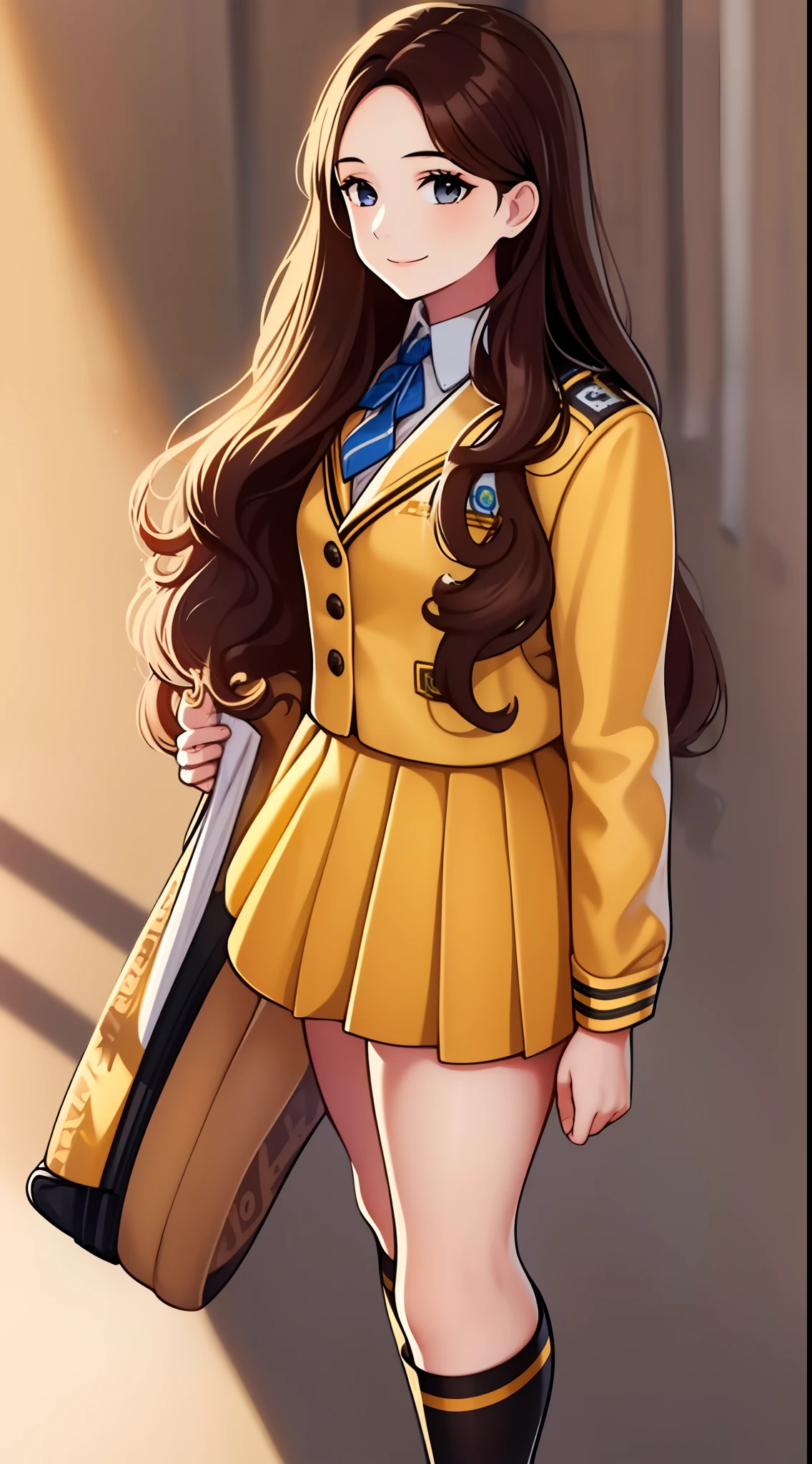Masterpiece, high quality, 1girl, girl, solo, full body, brown hair, long hair, curly hair, hazel eyes, decent bust, (yellow school uniform, yellow jacket, yellow pencil skirt, white thigh high socks, black high heels), smile, flat_color