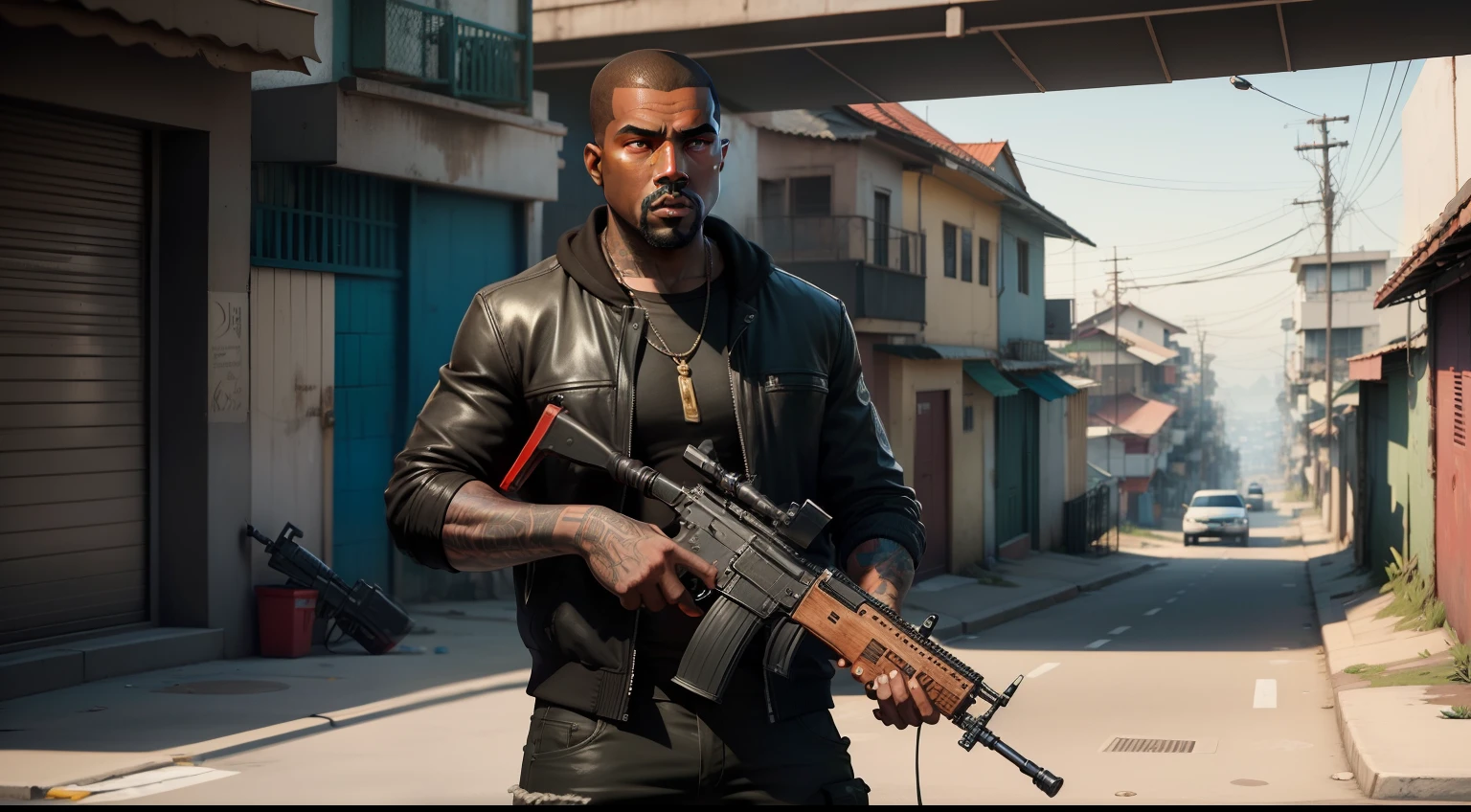 There's a man , gta personagem, Como o protagonista de GTA 5, GTA V Estilo, como um personagem de gtav, corte de cabelo red,cabelo red,Kanye West em GTA v, Estilo GTA5, gta v personagem, empunhando fuzil de assalto,rifle in hand ,fuzil AK-47 ,gta 5 tom de pele negro,em favela estilo brasil,favela