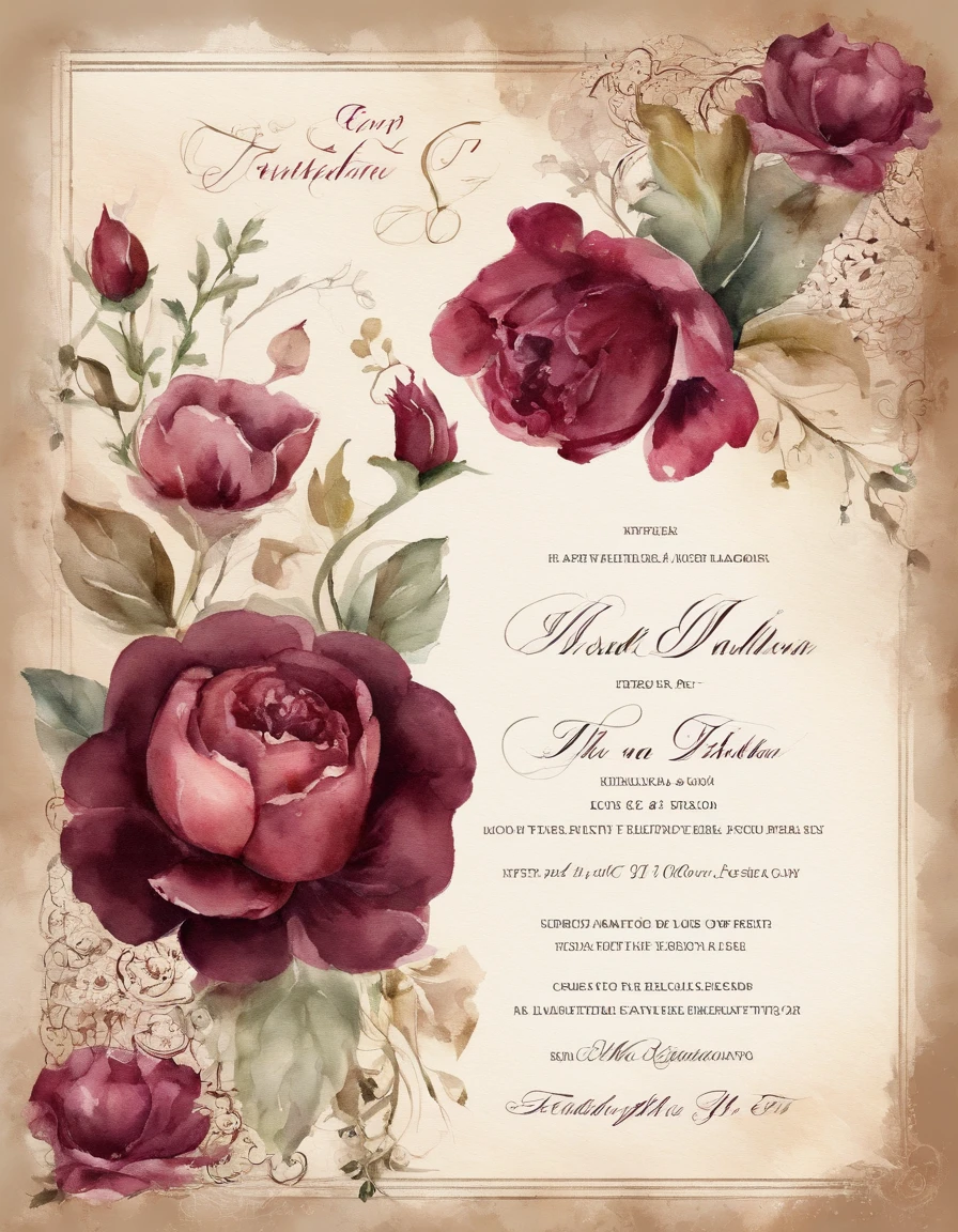Design a vintage wedding invitation card inspired by the opulence of the Victorian era. Incorporate intricate lace patterns, a muted color palette of ivory and deep burgundy, and elegant calligraphy fonts.