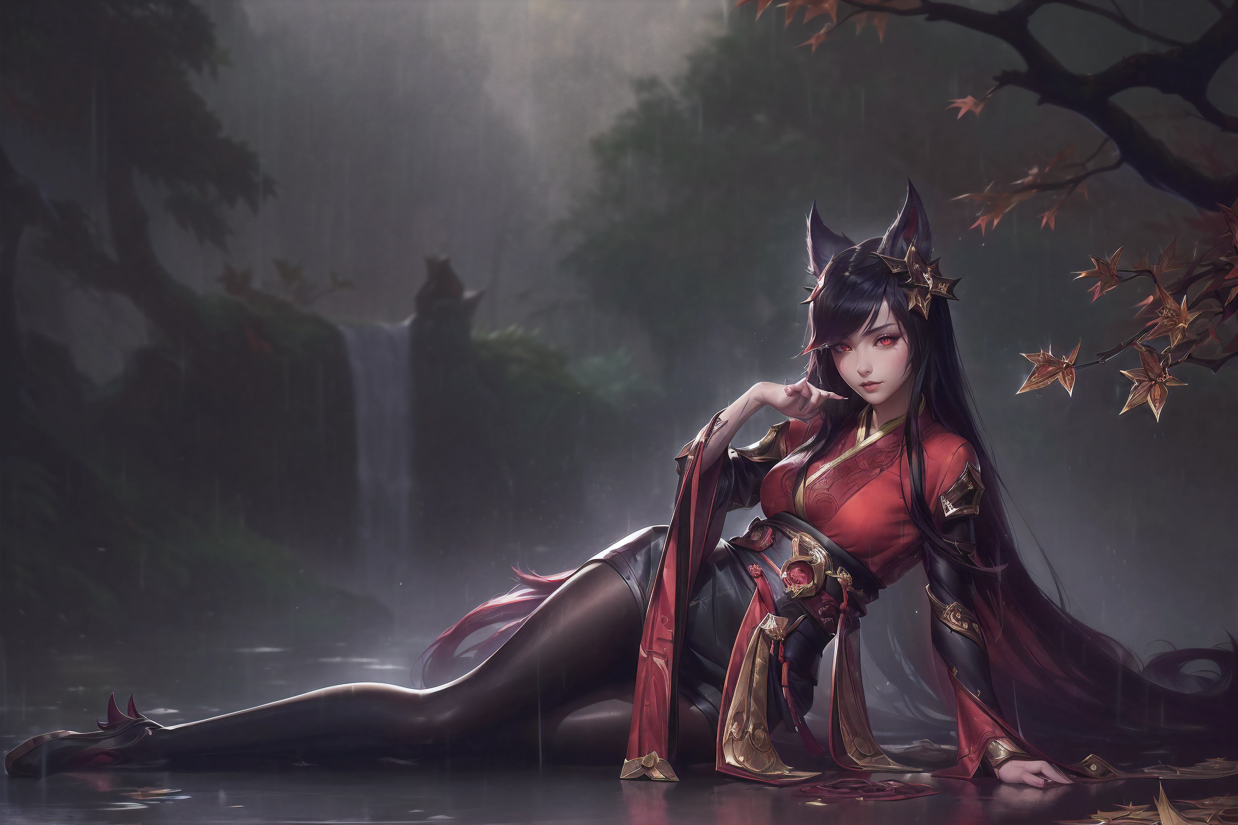 (League of Legends:1.5), (detailed manga illustration:1.2),(masterpiece:1.25),(best quality), (ultra-detailed:1.25),(idyllic),chinese classical style, (rain:1.2),raindrop, (maplegrove:1.3),dense leaves, rockery landscapr, spring water, [ink painting], (mournful, poignant), (color splashing:1.15),(watercolor:1.2),(depth of field:1.25),(solo:1.5) ,[ghostdom], backlight, [looking to the side],
(1 beautiful girl:1.25) with (chinese hanfu: dark red+black),(chinese antiquities) and gorgeous,(hair ribbon),(fox ears),(detailed beautiful red eyes:1.15), (beautiful face:1.15), (black long hair, gradual dark red colored tips), (fox tail),(maple leaves, fallen leaves),soaking feet, expressionless, sitting under a maple tree,