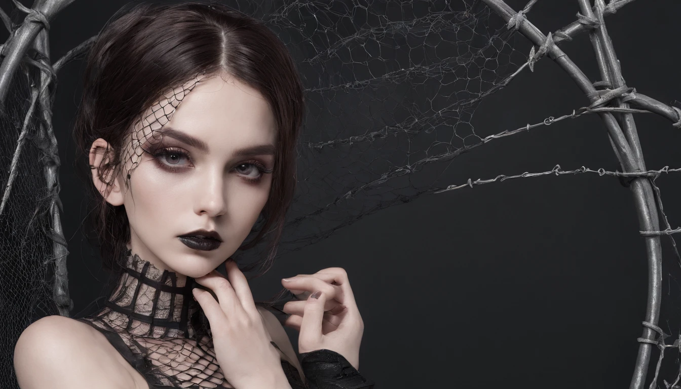 Symbolic clothes for girls in gothic nets, 。.。.。.com (The body is barbed wire) brunette color hair，Gray hair ends