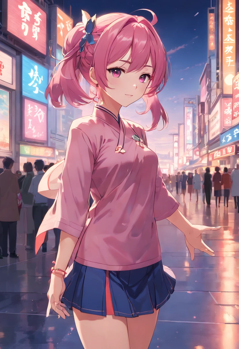 Mast, best quality, 1 girl, yae miko\ (genshin impact), glass pink hair, glass eyes, long hair, headband, hair accessories, looking at the audience, front view, hands out if frame, qipao, attractive legs