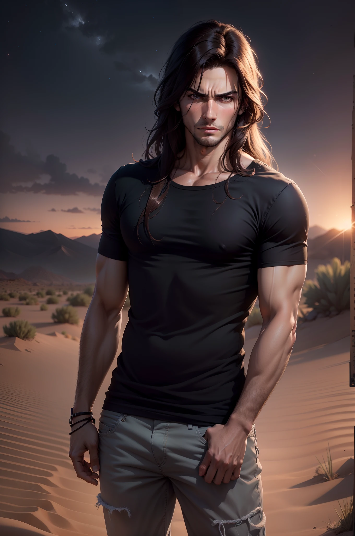 realistic 8k image of a handsome 23 year old man, long brown hair, brown eyes, dressed in a simple black casual shirt, with bandages on his arms, angry expression, standing under a desert night sky, art style anime