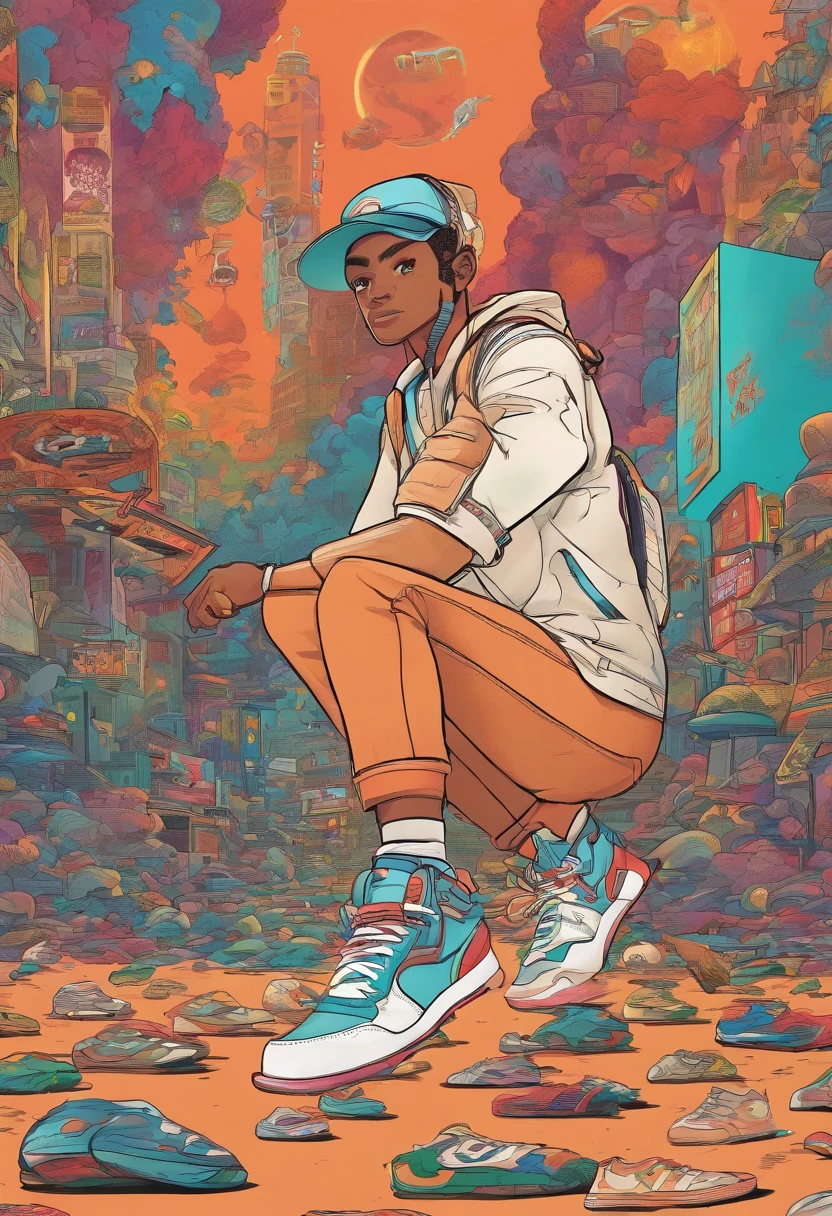 cartoon anime about a sneaker head from mars selling sneakers from the future realistic hyper detailed
