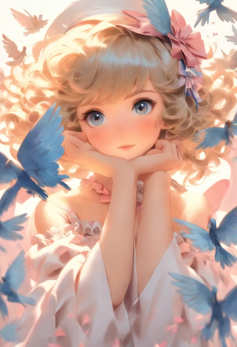 uekura, 1girl, blonde hair, white background, hat, dress, blue footwear, wings, simple background, signature, flower, nail polish, wide sleeves, long sleeves, blush, animal, white flower, solo, full body, bird, looking at viewer, high heels, hand on own cheek, hand on own face, frills, bow, bangs, ribbon, bell, blue headwear, +_+, socks, short hair, grey eyes, shoes, blue nails, feathered wings, blue bow