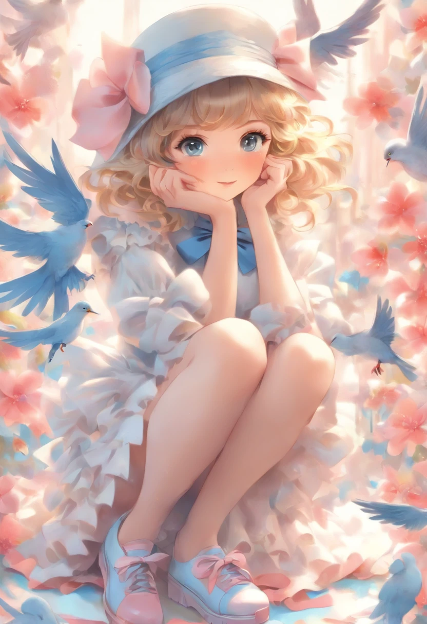 uekura, 1girl, blonde hair, white background, hat, dress, blue footwear, wings, simple background, signature, flower, nail polish, wide sleeves, long sleeves, blush, animal, white flower, solo, full body, bird, looking at viewer, high heels, hand on own cheek, hand on own face, frills, bow, bangs, ribbon, bell, blue headwear, +_+, socks, short hair, grey eyes, shoes, blue nails, feathered wings, blue bow