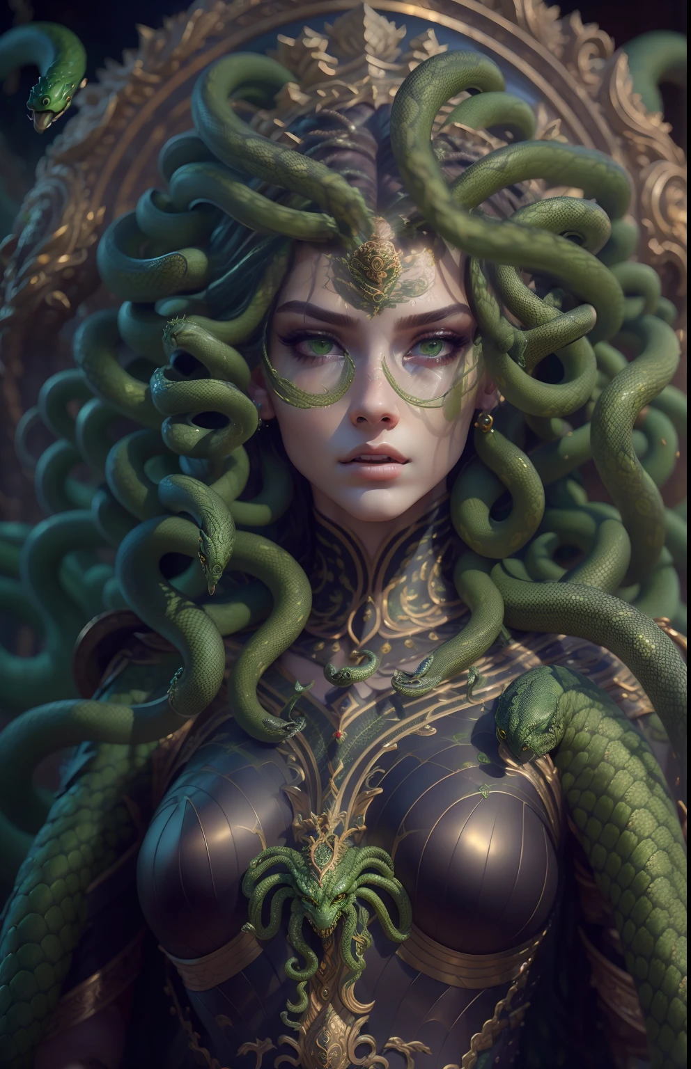 ((best quality)), ((masterpiece)), ((realistic)), Medusa, full body, the hair is composed of countless small snakes, green eyes, female face, metal carved top, royal aura, trend on artstation , sharp focus, studio photo, intricate detail, very detailed, detailed eye, illustration, very detailed, sharp focus, digital render, professional, 4k