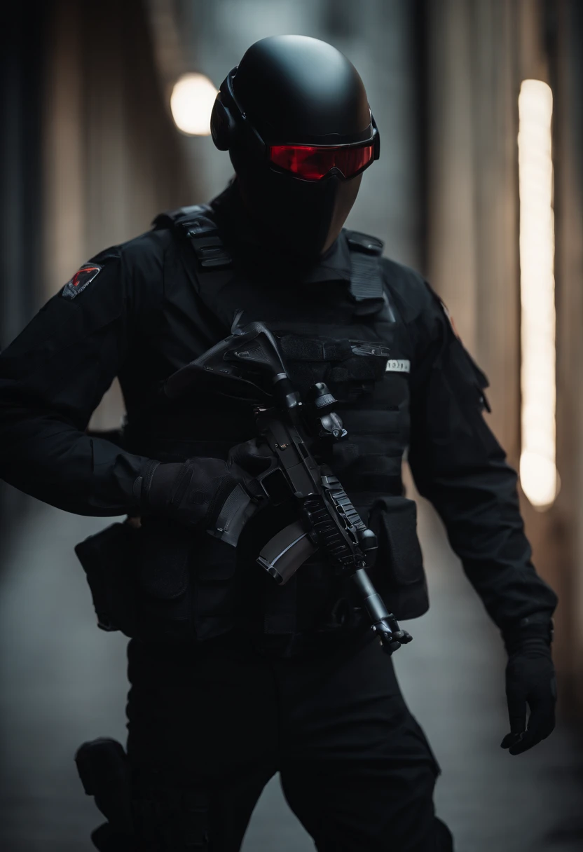 Soldado futurista com um uniforme preto, com capacete preto, with a mask that hides the face, com visor vermelho, distopia, sombrio, corpo inteiro, em uma cidade, realista, ultra realista, fotografia