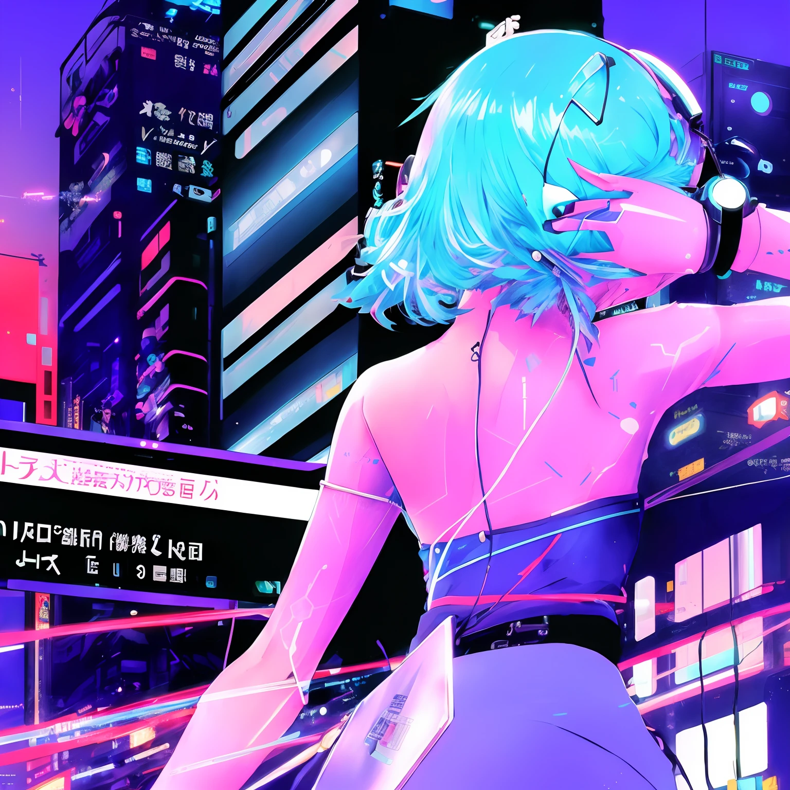 Anime girl with blue hair and headphones in town, digital cyberpunk - anime art, digital cyberpunk anime art, cyberpunk artstyle, cyberpunk anime art, anime cyberpunk art, cyberpunk atmosphere, Cyberpunk vaporwave, best anime 4k konachan wallpaper, modern cyberpunk anime, art deco outrun anime aesthestic, [ Synthwave art style ]!! ]!!