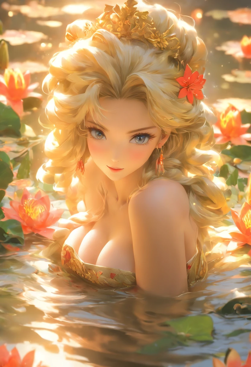 (Best quality,4K,8K,A high resolution,Masterpiece:1.2),Ultra-detailed,(Realistic,Photorealistic,photo-realistic:1.37),anime big breast,Girl sitting on a pond chair,lilies,Palace,A girl dressed in traditional Chinese clothing,gilded lotus princess,Guweiz in Pixiv ArtStation,Anime goddess,Guviz,Fan art in the style of Guvez,beautiful fantasy empress,long-haired blonde anime girl