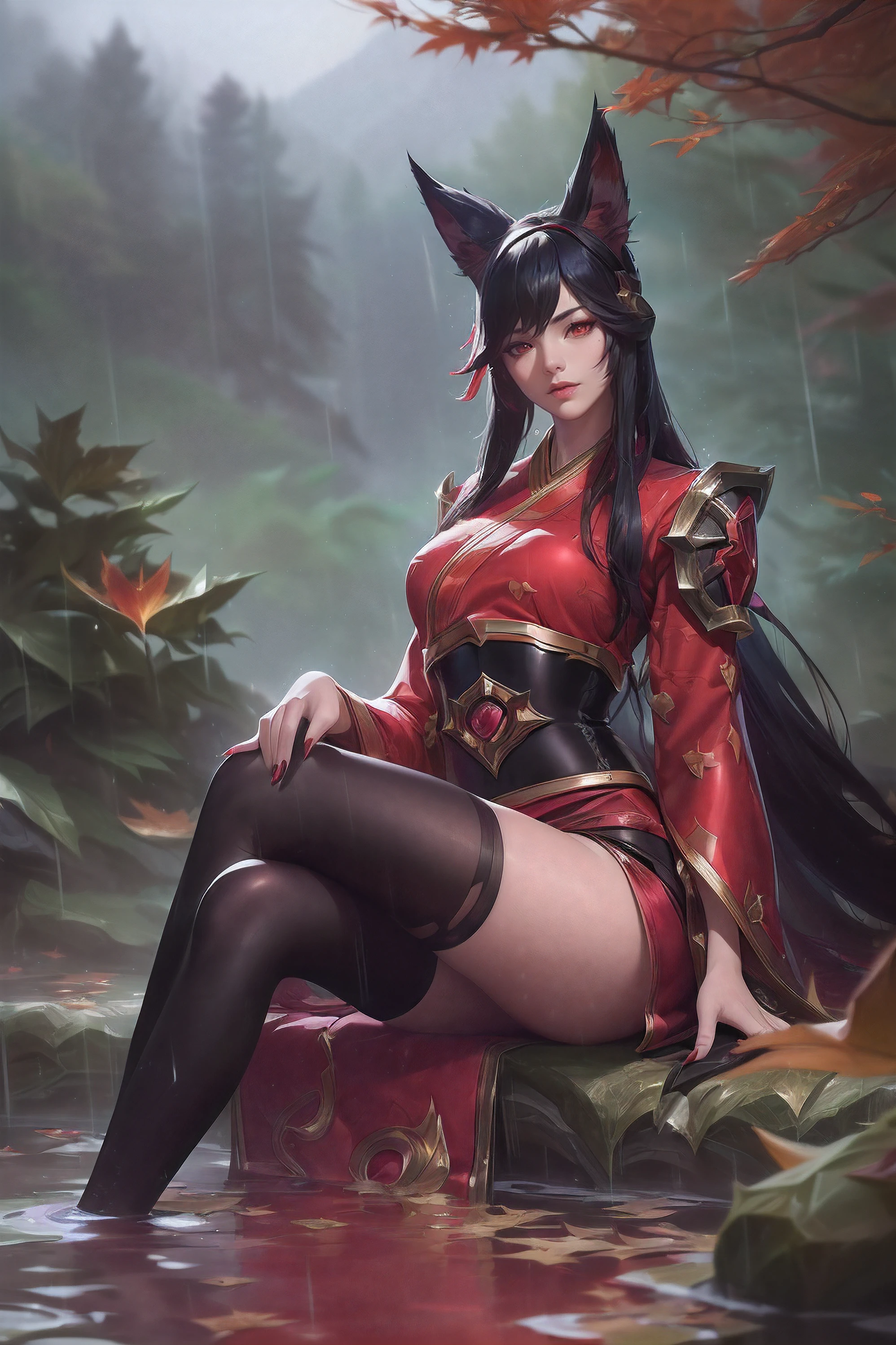 (League of Legends:1.5), (detailed manga illustration:1.2),(masterpiece:1.25),(best quality), (ultra-detailed:1.25),(idyllic),chinese classical style, (rain:1.2),raindrop, (maplegrove:1.3),dense leaves, rockery landscapr, spring water, [ink painting], (mournful, poignant), (color splashing:1.15),(watercolor:1.2),(depth of field:1.25),(solo:1.5) ,[ghostdom], backlight, [looking to the side],
(1 beautiful girl:1.25) with (chinese hanfu: dark red+black),(chinese antiquities) and gorgeous,(hair ribbon),(fox ears),(detailed beautiful red eyes:1.15), (beautiful face:1.15), (black long hair, gradual dark red colored tips), (fox tail),(maple leaves, fallen leaves),soaking feet, expressionless, sitting under a maple tree,