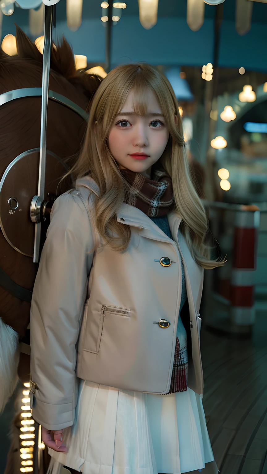 1girl, winter outfit, Carousel, blonde hair, realistic detail, 70mm lens, brown jacket, white skirt, undawn game