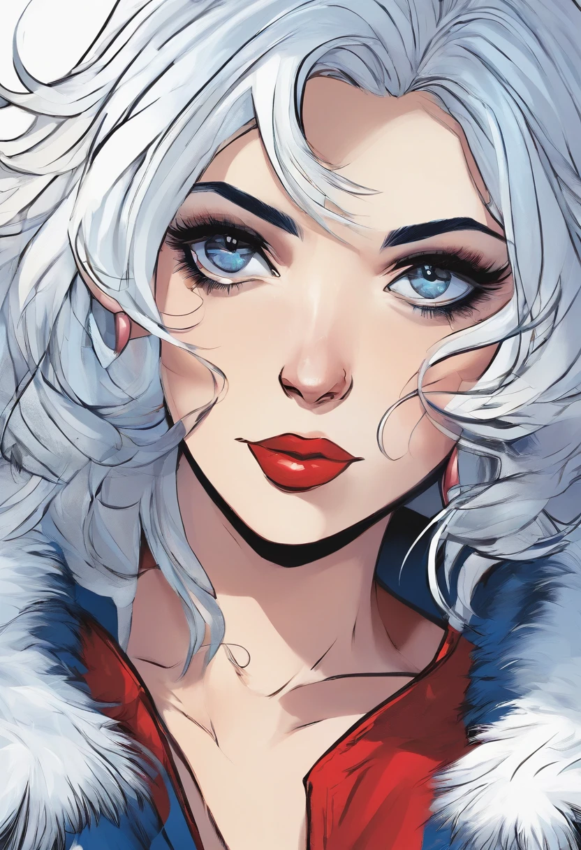 Woman, white hair, red eyes, blue , blue white fur coat, emotionless face.