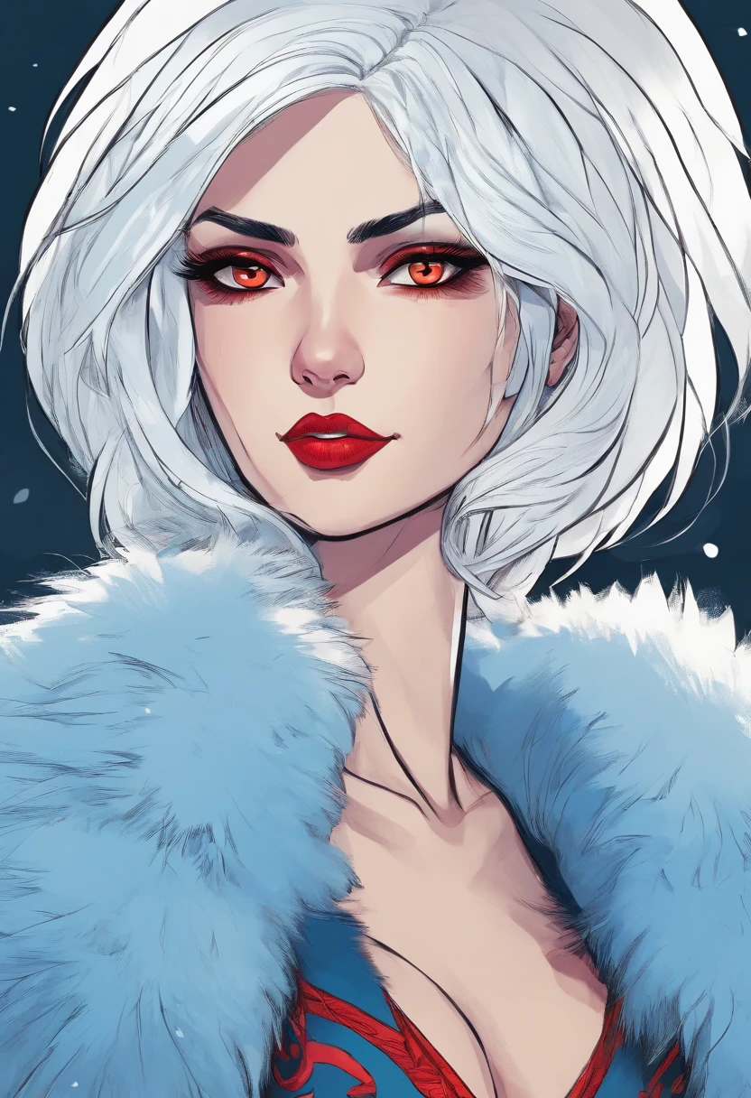 Woman, white hair, red eyes, blue , blue white fur coat, emotionless face.