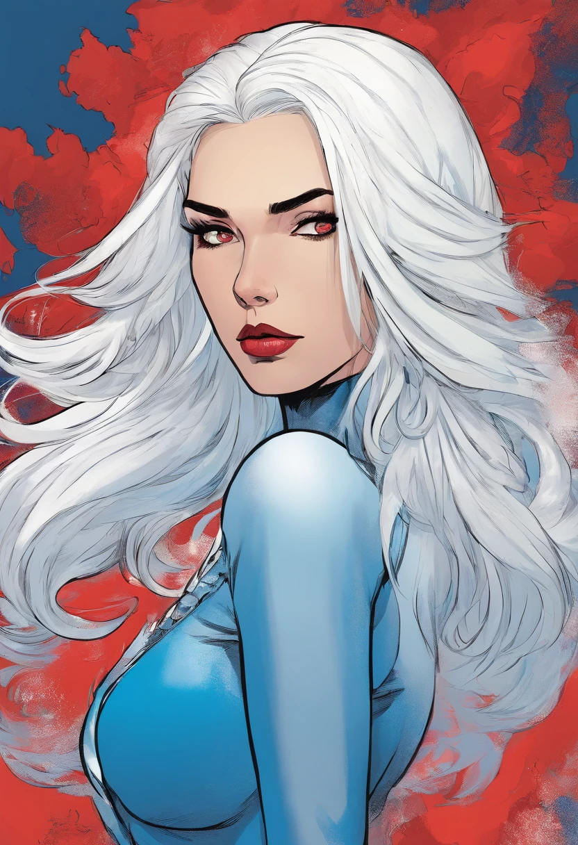 Woman, white hair, red eyes, blue , blue white fur coat, emotionless face.