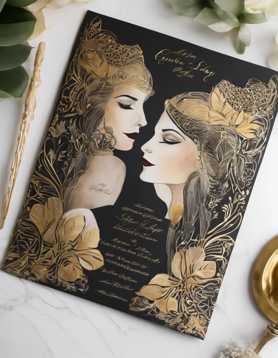 Create a wedding invitation with the glamorous spirit of the Roaring Twenties. Use art deco motifs, gold foil accents, and a black-and-gold color scheme. Include a couple in 1920s attire as a central design element