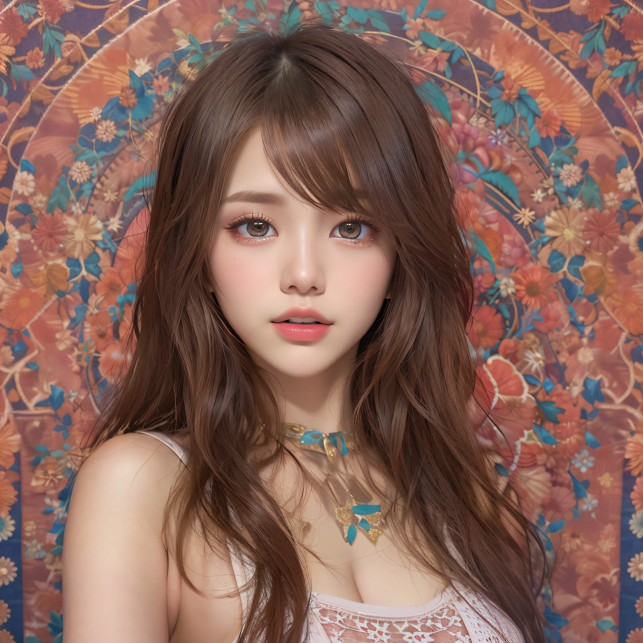 (symmetrical, Compositions with colorful geometric arabesque patterns):1.3,
(top quality, masterpieces, realistic, photorealism:1.37, best shadows), (1girl:1.3), (semi-long hair), (dark brown hair), (medium breasts:1.3), (nude lipgloss), (make up), (Show cleavage), perfect body, (18 years old), close up face:1.2, (ultra delicate face), (ultra Beautiful fece), (ultra delicate eyes), (ultra detailed nose), (ultra detailed mouth), (ultra detailed arms), (ultra detailed legs), (ultra detailed body), (from the front side), looking at the audience, Ultra-meticulously drawn clothes, White tank top, Jeans shorts