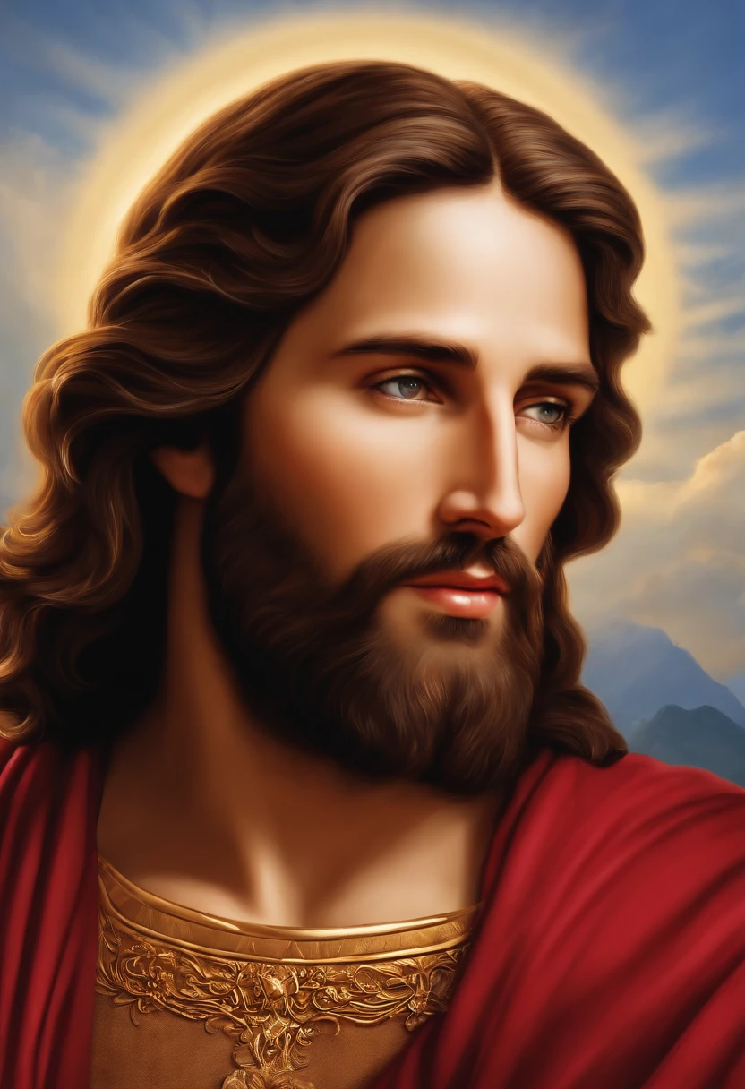 Por favor, create a high-definition image of Jesus Christ with a focus on your bust, em um ambiente sereno e inspirador, where He radiates love and compassion. A imagem deve capturar Sua bondade e divindade, com cores suaves e uma atmosfera de paz. Make sure the image is detailed and suitable for large-format printing.