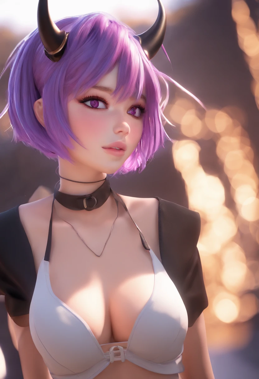 1girl, purple hair, red eyes, 2 black horns, black bikini, ultra detail, white skin, big boob, short hair, round eyes, smile, natural skin