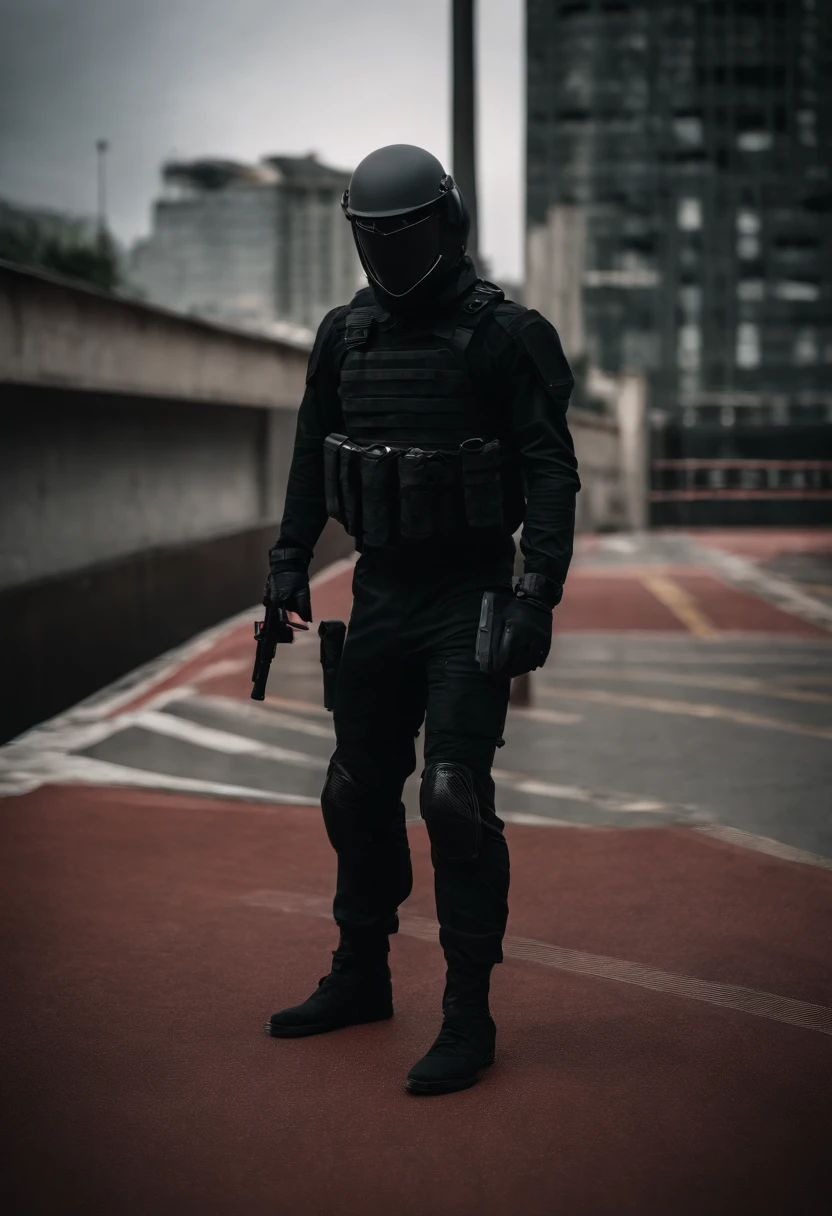 Soldado futurista com um uniforme preto, com capacete preto, with a mask that hides the face, com visor vermelho brilhante, distopia, sombrio, corpo inteiro, em uma cidade, realista, ultra realista, fotografia