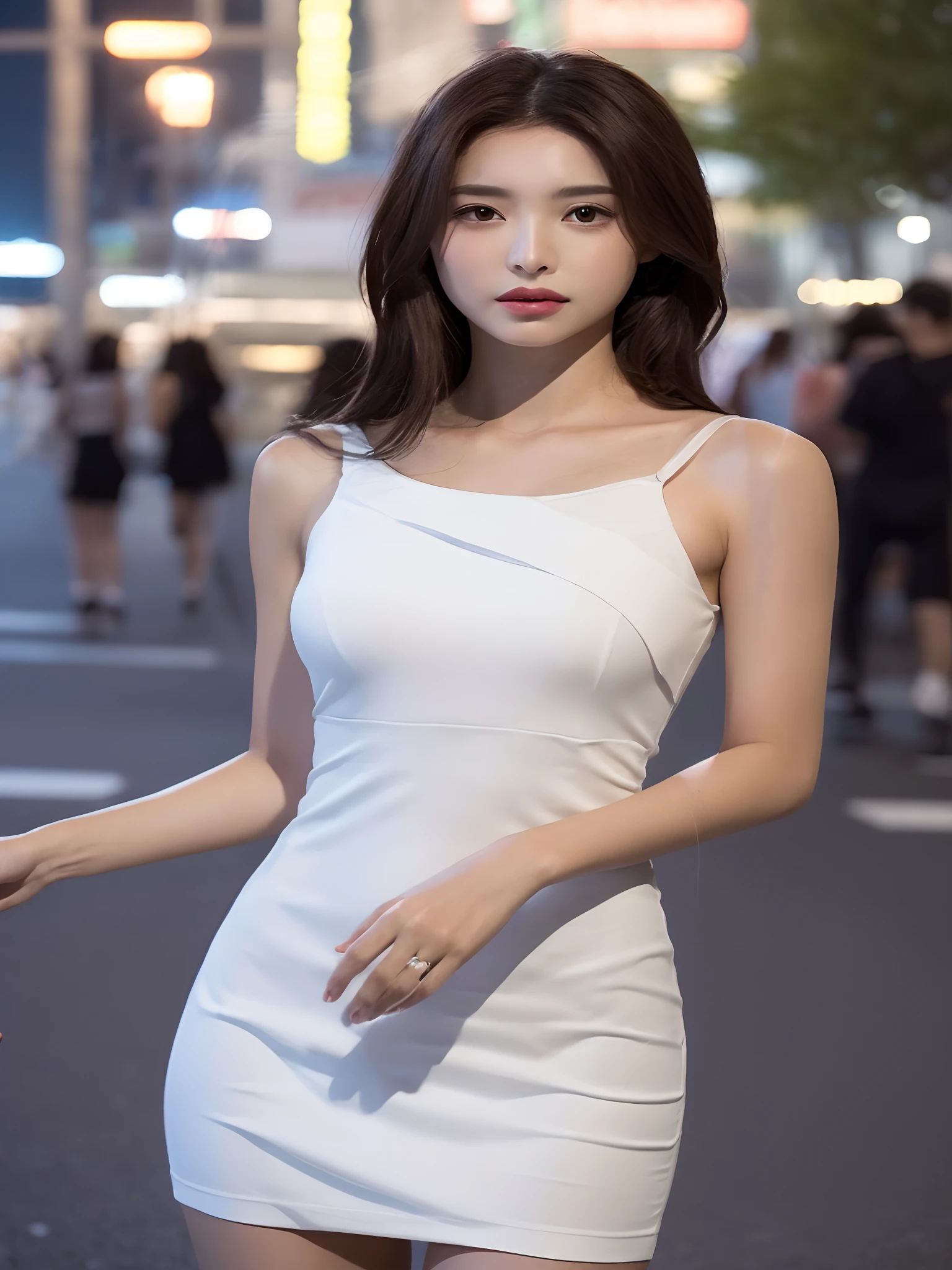 ((Realistic lighting, Best quality, 8K, Masterpiece: 1.3)), Clear focus: 1.2, 1girl, Perfect body beauty: 1.4, Slim abs: 1.1, ((dark brown hair)), (White dress: 1.4), (Outdoor, night: 1.1), City Street, Super Fine Face, Fine Eyes, Double Eyelids, (Over the knee black stockings: 1.5)