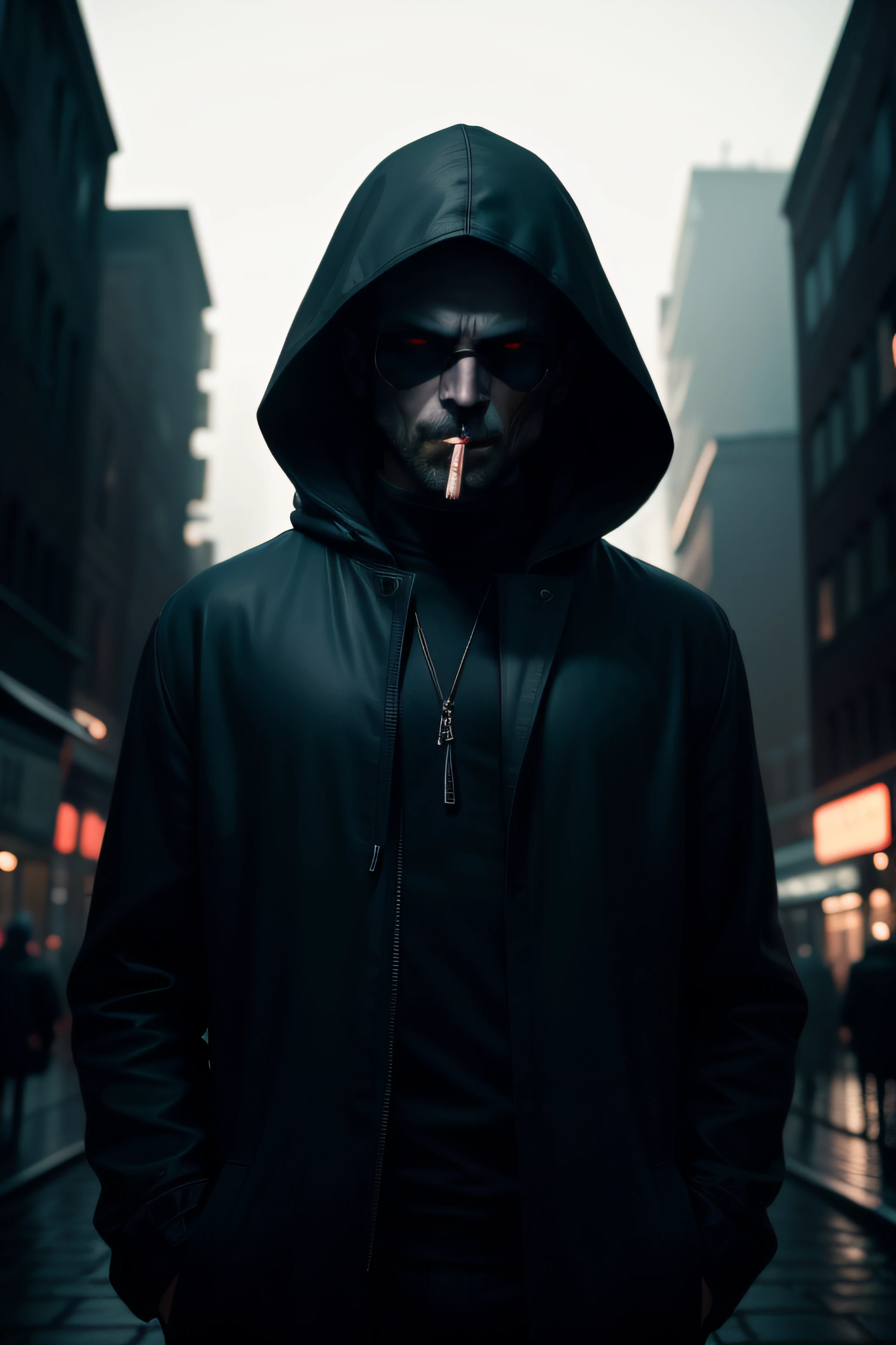 horror film, 8k picture quality, masterpiece, ultra-cllean image quality, super rich detalil, silhouette of a cold face man in dark, with a hood and hands in his pockets, no one else, medium shot, with a cigarette in his mouth, city at night background,