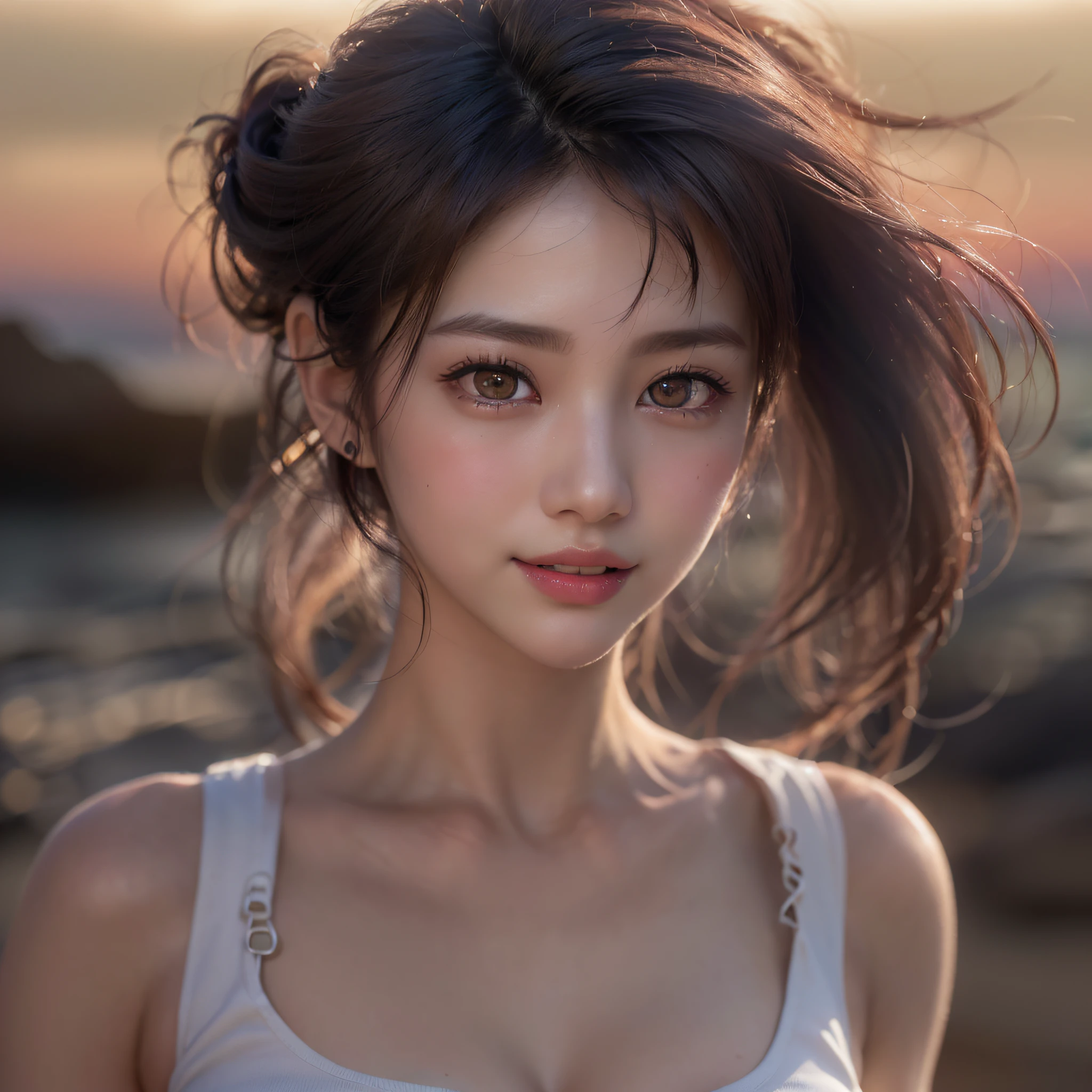 Japanese, One Girl, 12 years old、Big Breasts（１．３）、（Nipples１．２）、Obscene、Portraiture, Ultra Micro Bikini（１．３）、 (Realistic:1.4), Tangled, Intertwined, Official Art, Unity 8k 、Super detailed, beautifully、aesthetic, highest quality, (Dynamic Angle:1.4), Glowing Skin, Oily skin（１．２）、(Floating colorful sparkles:1) The most beautiful form of chaos, elegant, Bright colors, Romanticism Depth of Field、smile