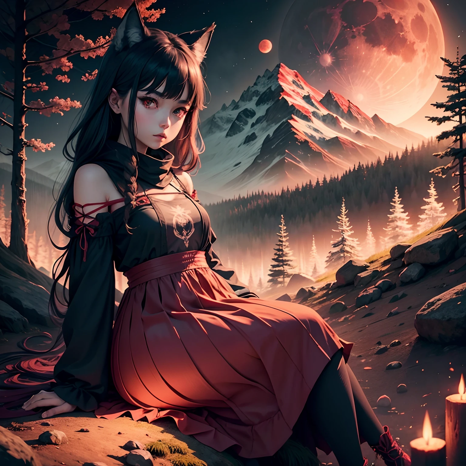 1 wolf demon girl in the night of full red moon in the centered of forest, mountain in distance, portrait full body --auto