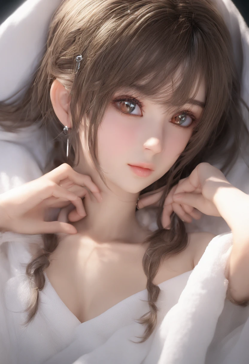 Best Quality, realisitic, Photorealistic, extremely highly detailed, an extremely delicate and beautiful, Raw foto, s whole body, 27-year-old female, (Massage on the massage bed: 1.3), Black hair, Brown eyes, Small head, fashion girl, beautidful eyes, tiny boobs,real face, real skin, realistic face, Realistic skin, Detailed Eyes, Detailed facial features, detailed clothing features, (Cover with a white towel:1.3), (Tie your hair with a white towel: 1.3) dynamic poses, back-view, looking away, Focus on the buttocks, detailed face and breast