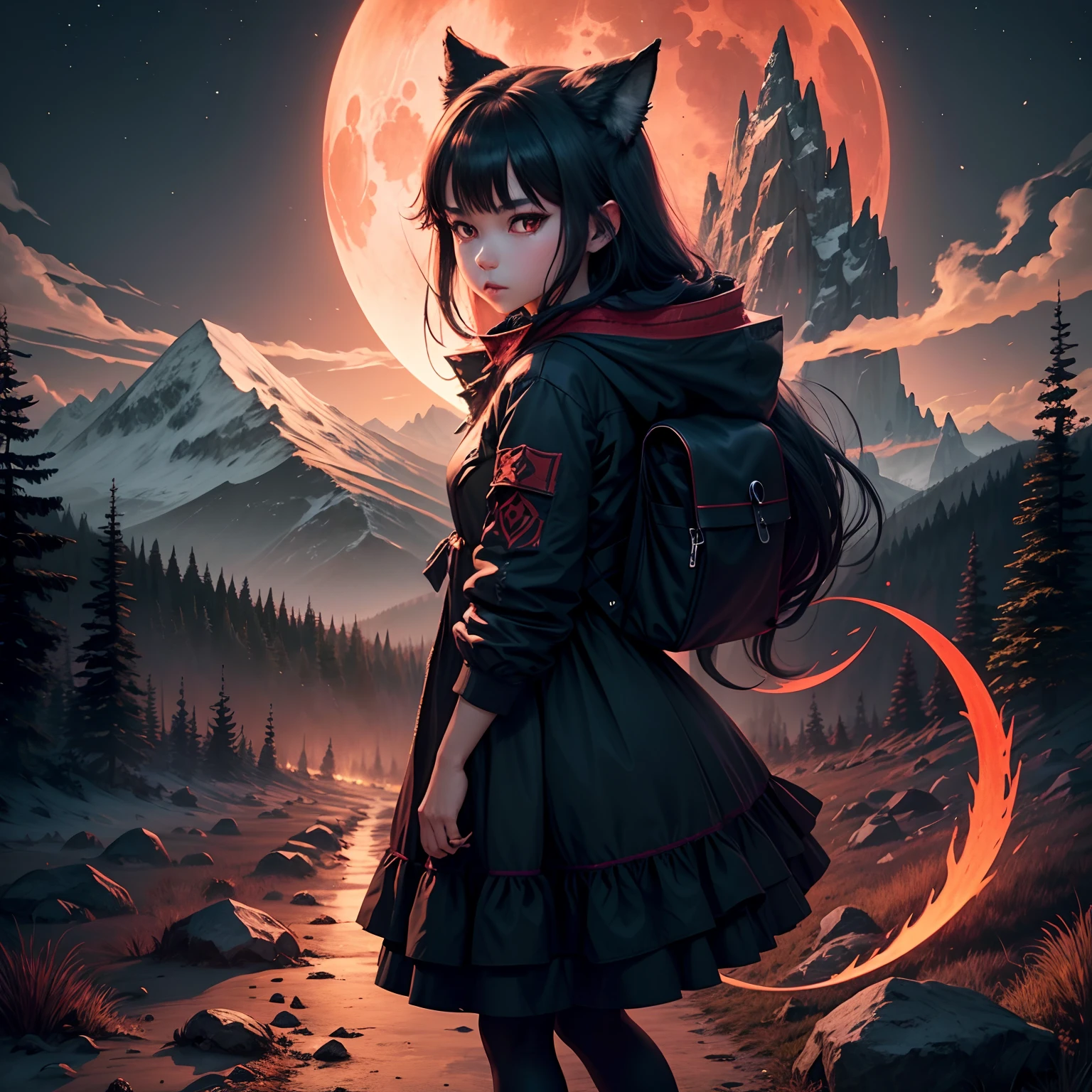 1 wolf demon girl in the night of full red moon in the centered of forest, mountain in distance, portrait full body --auto