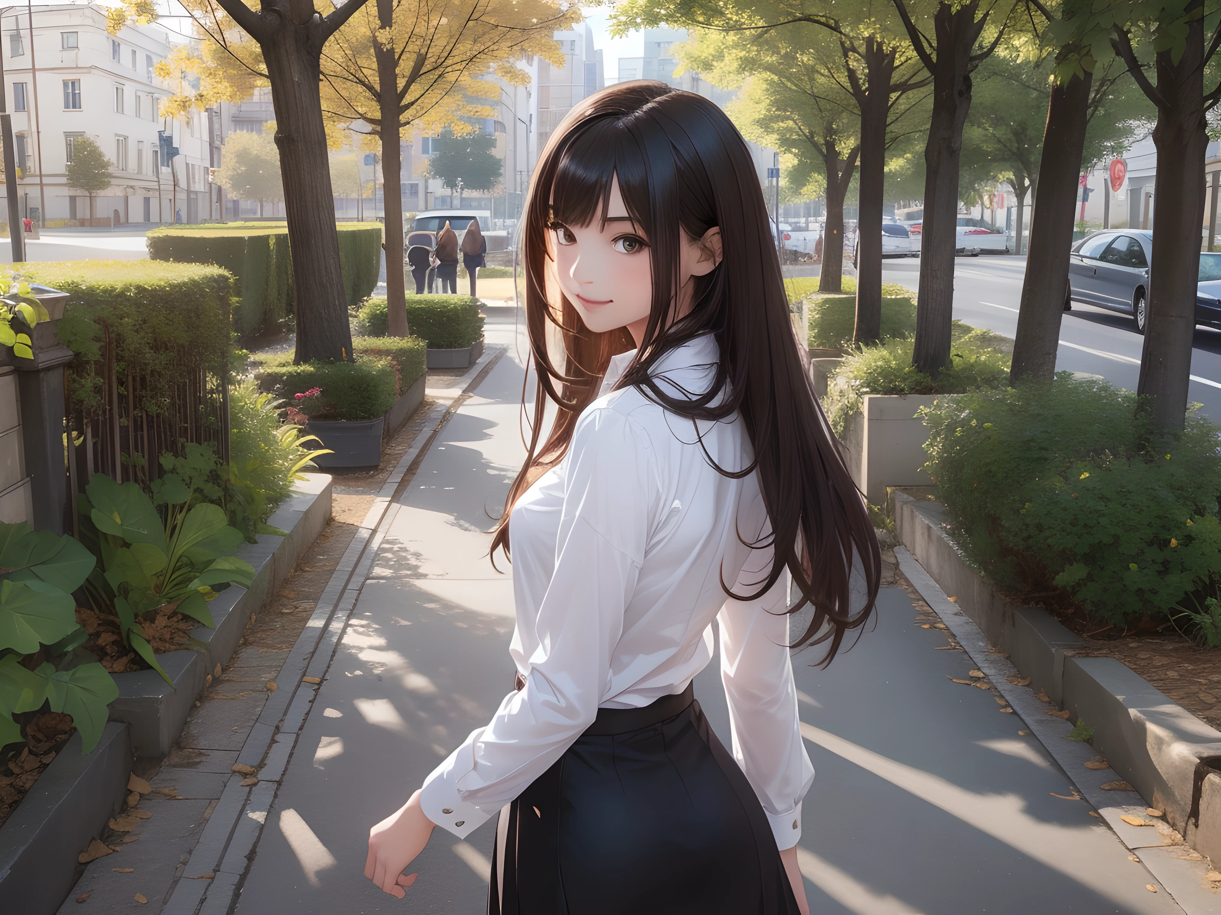 (1girl:1.3), (photorealistic:1.4), (masterpiece, top quality, best quality, official art), extreme detailed, highest detailed, (ultra-detailed), ((an extremely delicate and beautiful)), cinematic light, contemporary, silky long hair, (brown hair), she Walking at the park, in evening, shirt, long skirt, upper body, from above, shy, smile, (looking back:1.4), 26 years old
