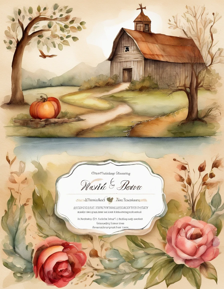 Craft a vintage wedding invitation card that exudes rustic charm. Employ a kraft paper background, add lace or burlap accents, and feature a watercolor illustration of a country barn or rustic setting.