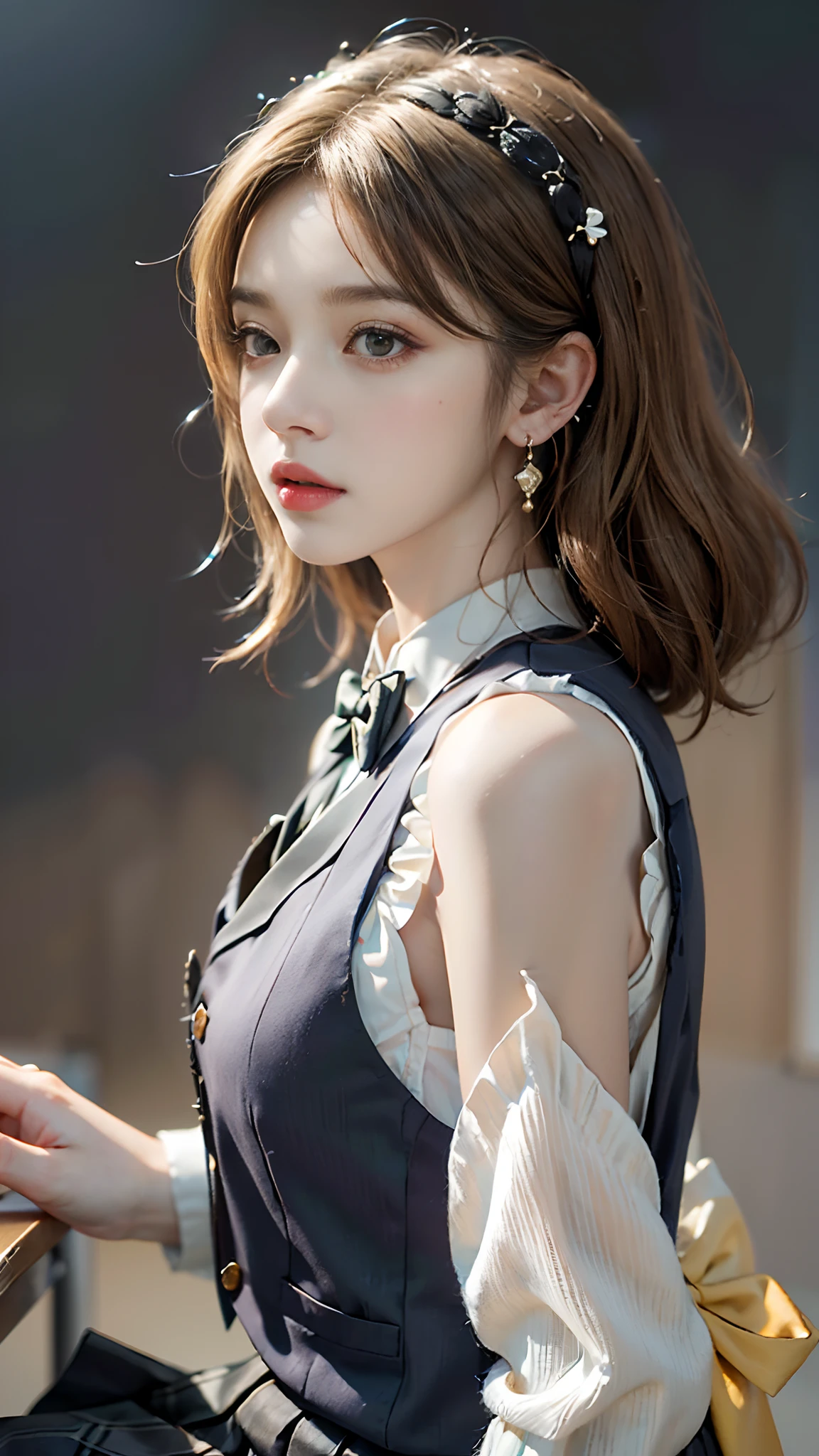((Full Budi)), ((From the side Side)), ((watching the future)), ((Realistic)), ((Stand up)), inside a classroom, 1girll, Asian model, curlies, Beautiful hair accessories, Brownish-yellow hair,((Black vest, neck bowtie, White pleated skirt)), Campus style, (warm lights, a warm color palette), Detailed details, ultra-detailliert, (tmasterpiece, best qualtiy), (An extremely delicate and beautiful work), Delicate earrings, Simple blurred background, Extreme detail description, Ultra-fine painting, Delicate face, slim toned body