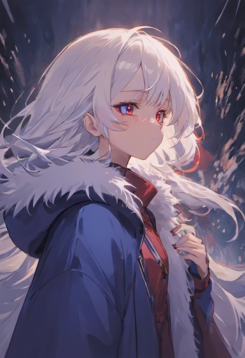 Woman, white hair, red eyes, cold , dark blue white fur coat, emotionless face.