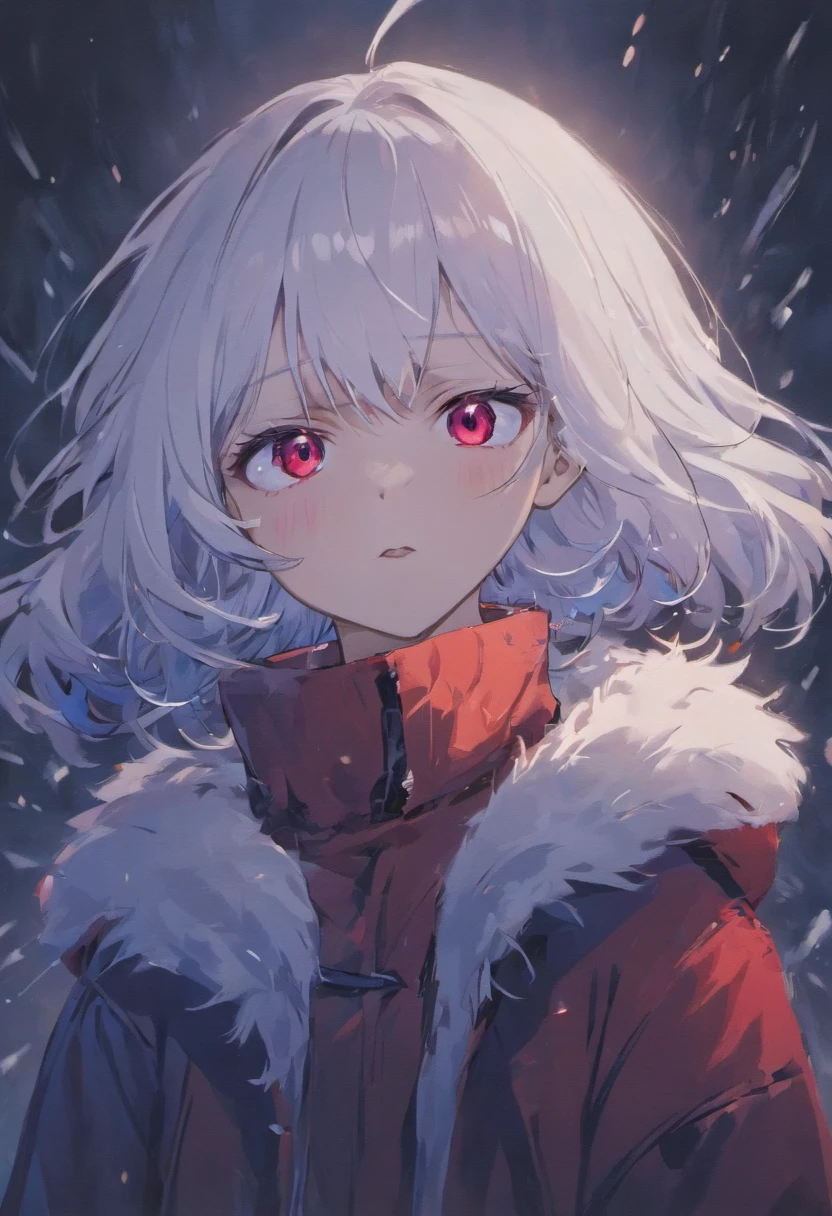 Woman, white hair, red eyes, cold , dark blue white fur coat, emotionless face.
