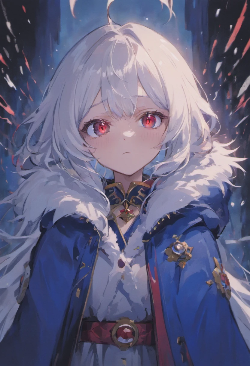Woman, white hair, red eyes, cold , dark blue white fur coat, emotionless face.