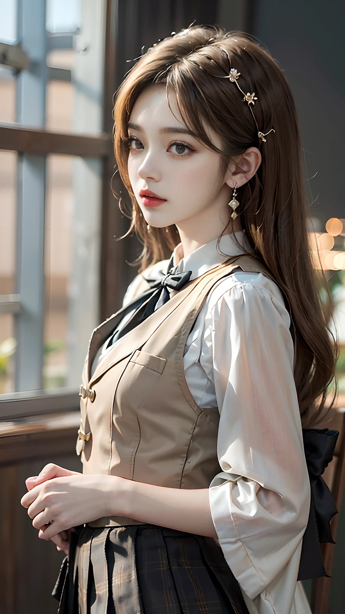 ((Full Budi)), ((From the side Side)), ((watching the future)), ((Realistic)), ((Stand up)), inside a classroom, 1girll, Asian model, curlies, Beautiful hair accessories, Brownish-yellow hair,((Black vest, neck bowtie, White pleated skirt)), Campus style, (warm lights, a warm color palette), Detailed details, ultra-detailliert, (tmasterpiece, best qualtiy), (An extremely delicate and beautiful work), Delicate earrings, Simple blurred background, Extreme detail description, Ultra-fine painting, Delicate face, slim toned body