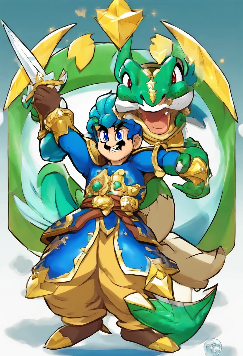 Dragon Shiryu, one of the Knights of the Zodiac, in a style faithful to the classic anime. He is wearing his blue and green dragon armor, with his shield on his left arm and his right fist raised. He