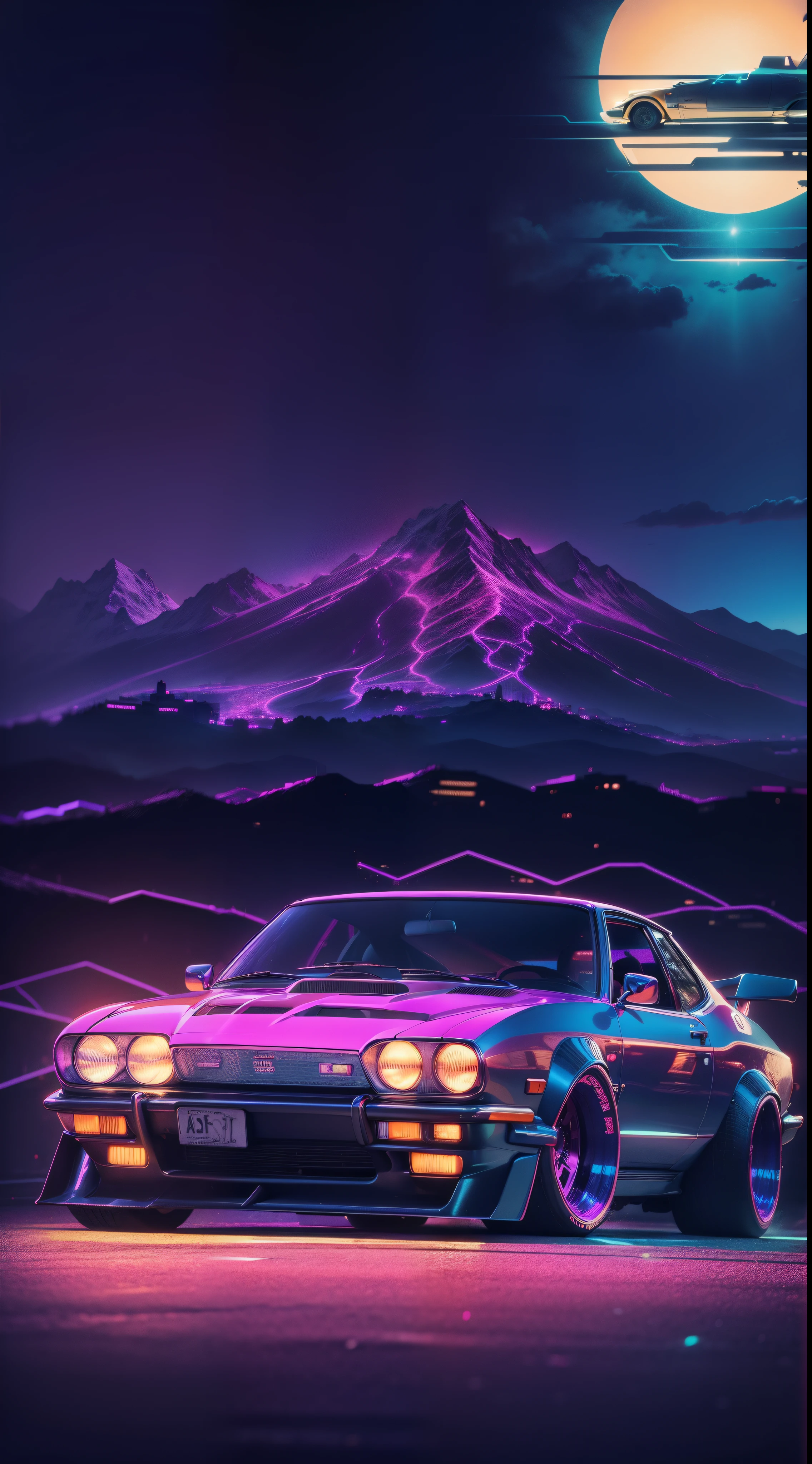 retrowave. city, 1969 Nissan S30, wide body kit, road, purple neon lights, sun, mountain, (masterpiece, detailed, highres),