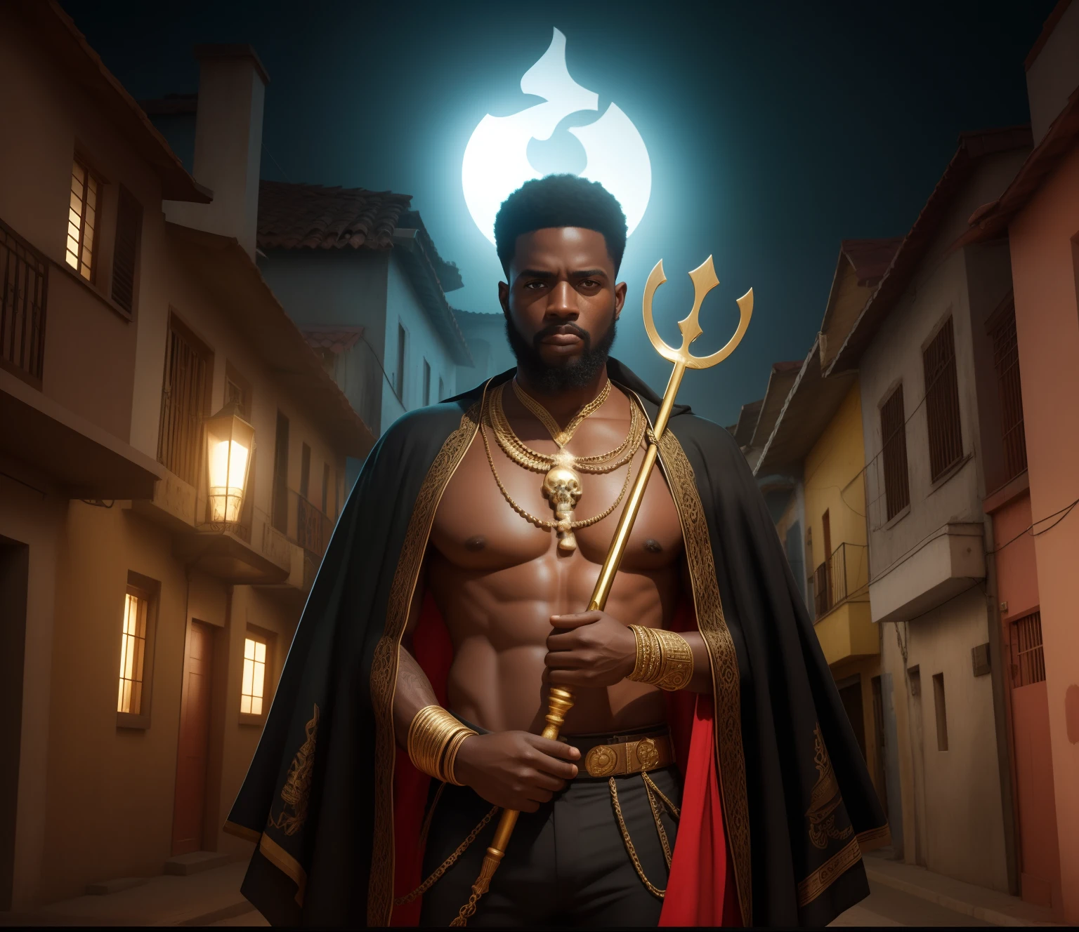 homem ?????, afrodescendente, holding with both hands in large and perfect golden trident, Como o tridente de posseidon, ar misterioso, Bruxo, exu, with several bony collars and a small animal skull on the neck, with ultra-realism and perfection, Realismo, renderizado, Alto contraste, digital art photographyrealistic trend in Artstation 8k HD high definition detailed realistic,  detalhado, textura da pele, hiper detalhado, textura de pele realista, armadura, melhor qualidade, ultra high-resolution, (fotografiarrealista: 1.4), alta resolução, detalhado, Calado bruto, sharp re, por lee jeffries Nikon D850 Filme Fotografia de Stock 4 Kodak Portra 400 Lente F1.6 Rich Colors Realistic Texture Dramatic Texture Dramatic Lighting Irrealengine Trend on Artstation Cinestill 800