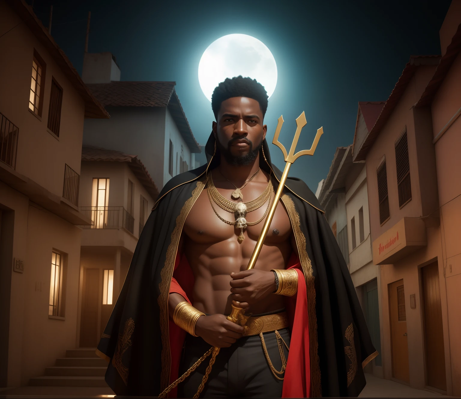 homem negro, afrodescendente, holding with both hands in large and perfect golden trident, Como o tridente de posseidon, ar misterioso, Bruxo, exu, with several bony collars and a small animal skull on the neck, with ultra-realism and perfection, Realismo, renderizado, Alto contraste, digital art photographyrealistic trend in Artstation 8k HD high definition detailed realistic, detalhado, textura da pele, hiper detalhado, textura de pele realista, armadura, melhor qualidade, ultra high-resolution, (fotografiarrealista: 1.4), alta resolução, detalhado, Calado bruto, sharp re, por lee jeffries Nikon D850 Filme Fotografia de Stock 4 Kodak Portra 400 Lente F1.6 Rich Colors Realistic Texture Dramatic Texture Dramatic Lighting Irrealengine Trend on Artstation Cinestill 800