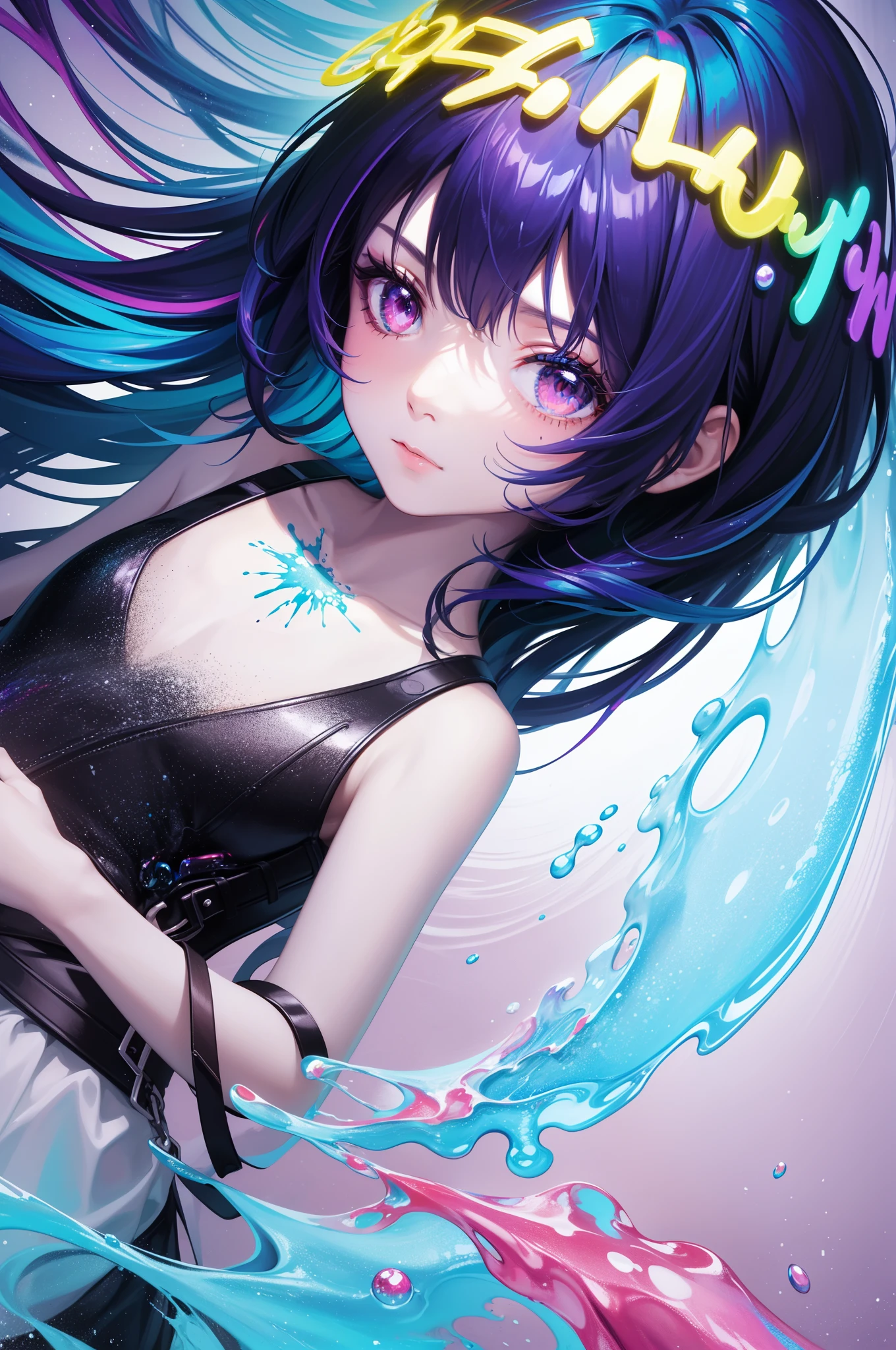 (Super detailed,ultra high resolution,detailed background),((2D)),((flat color)),((colorful)),((floating colorful water)),1 girl,alone,looking at the viewer,break Fashionable 14 year old girl wearing modern urban clothes、translucent lace garment、lewd and grotesque、spirit、Highly sexual、sexual metaphor、seductive、Grotesque tentacles appear from inside a long skirt、Tentacles wet with mucus、small breasts、seductive少女、Erotic Tech