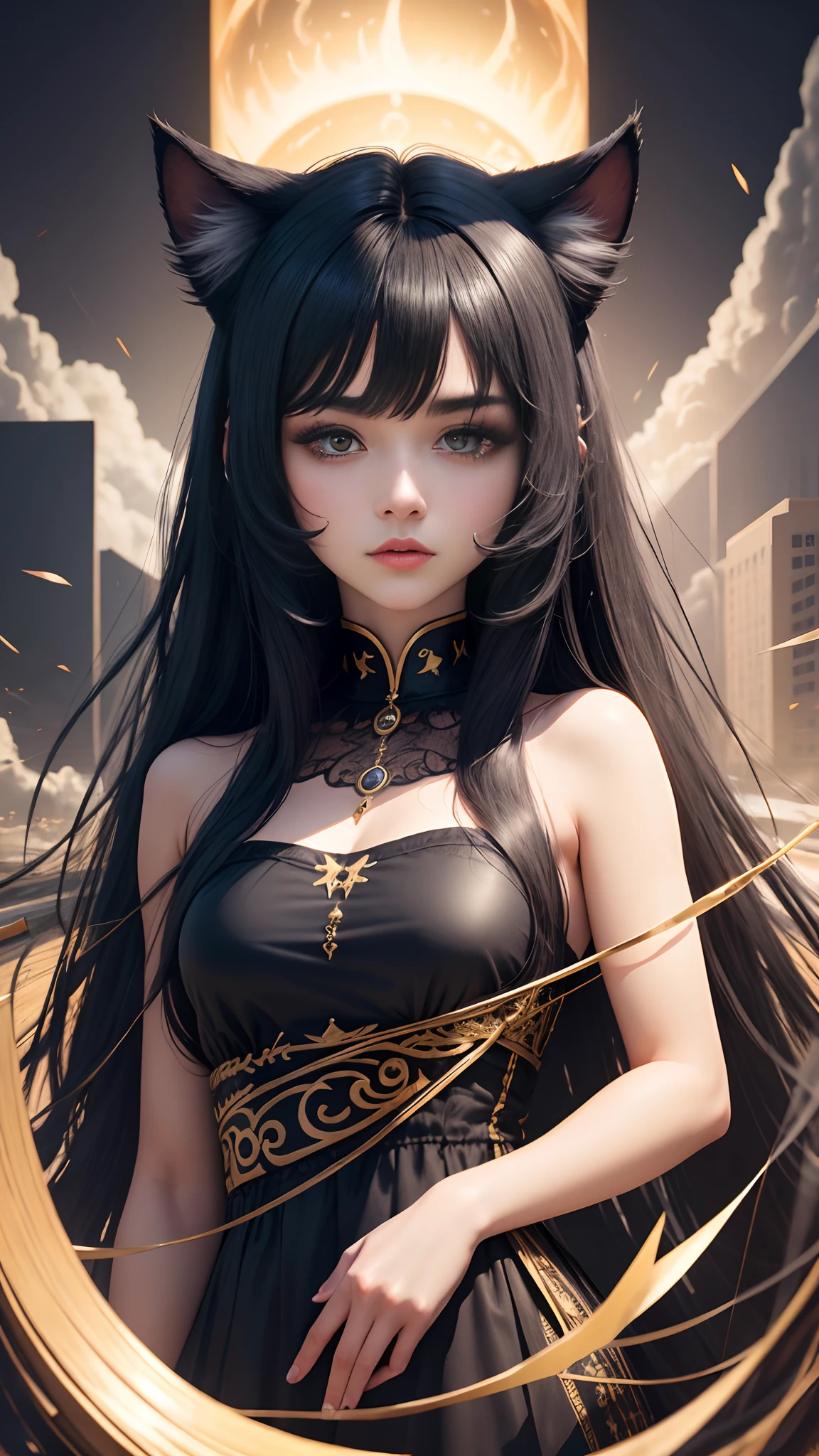 black hair, cat ear, long whitr hair, the original god, Surrealism, 8k, super detail