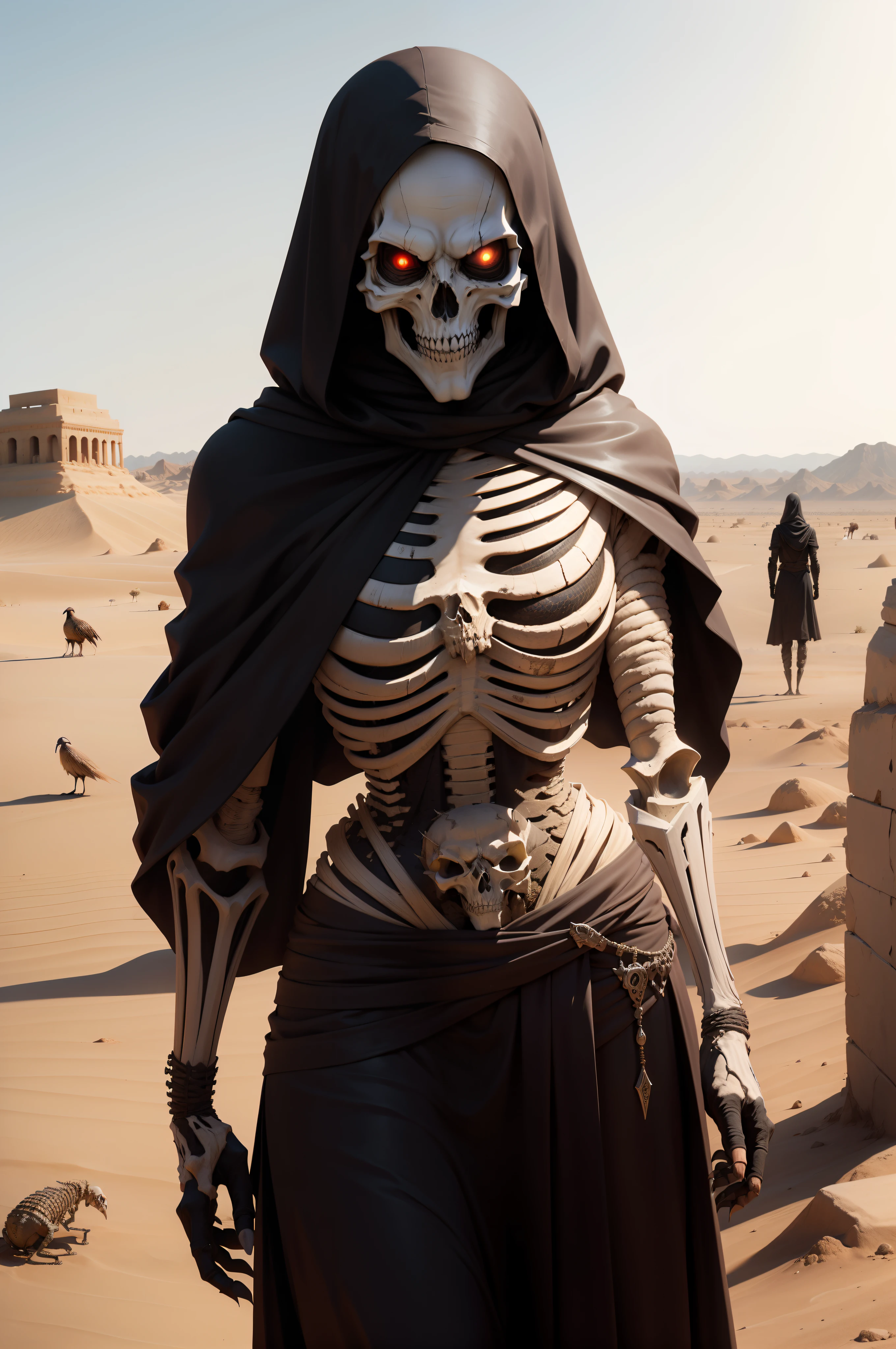 A desert skeleton with black mask 
